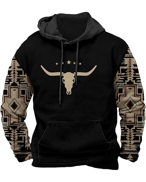 Men's Aztec Cow Skull Hoodie Western Sweatshirt with Hood Vintage Ethnic Tribal Gra...