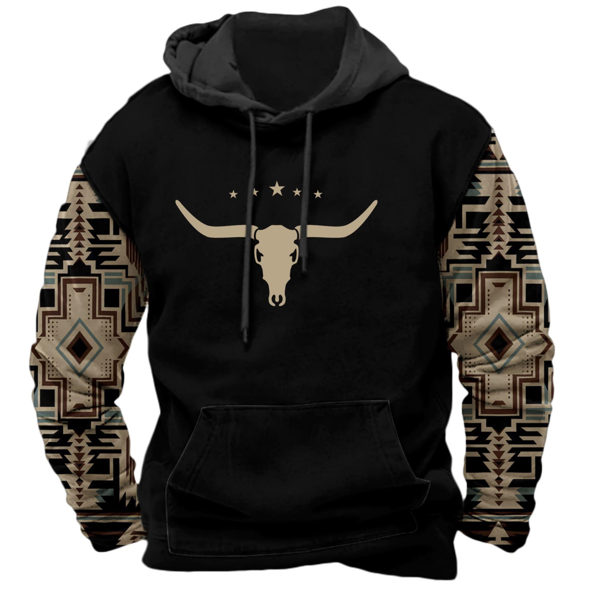 DMOYALA Men's Aztec Cow Skull Hoodie Western Sweatshirt with Hood Vintage Ethnic Tribal Graphic Patchwork Pullvoer