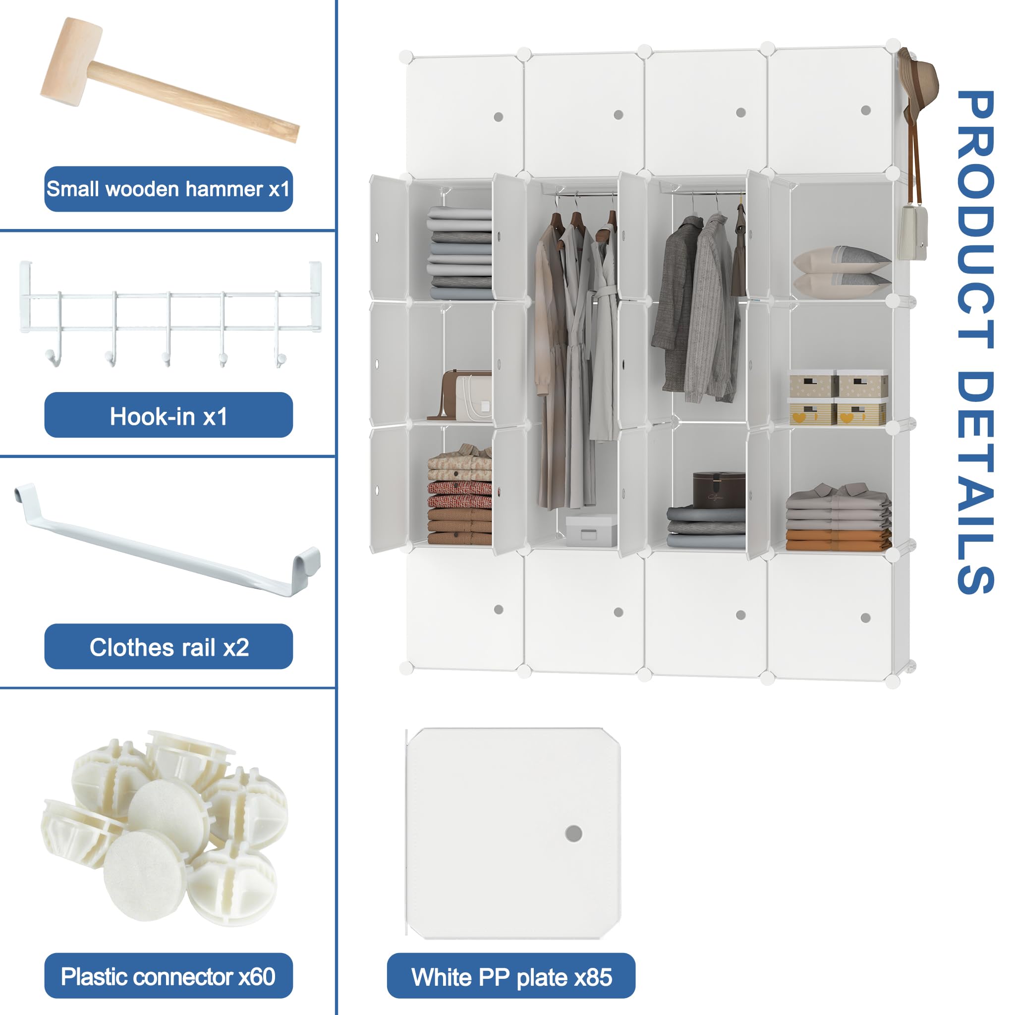 LZQ Armadio multiuso, sistema di scaffalatura fai da te, in plastica, per camera da letto, con porta, con 20 cubi e asta appendiabiti (latte)