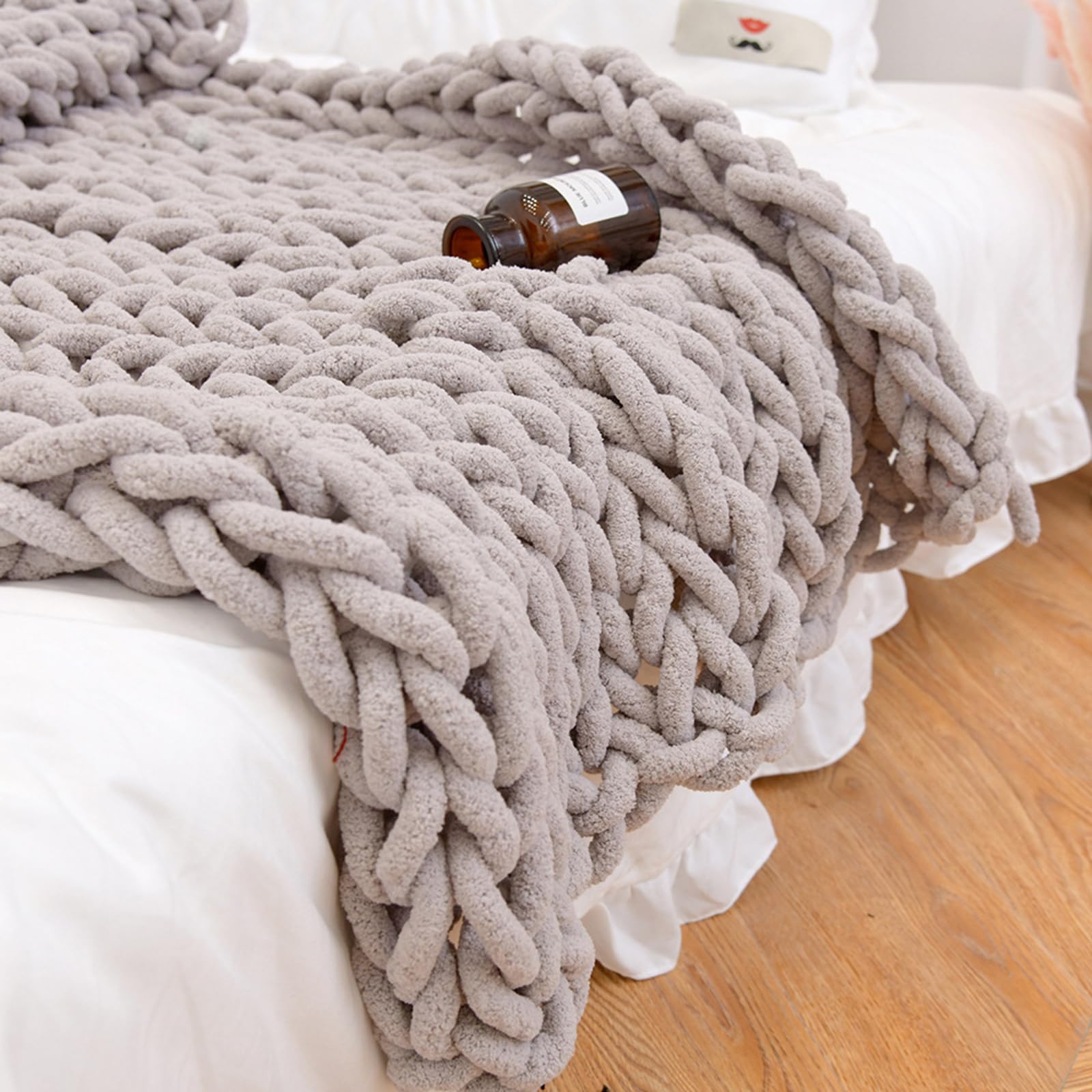 Manta de punto grueso hecha a mano, suave y acogedora manta de punto trenzado de felpilla para sofá, banco, cama, color marrón claro, 100 x 150 cm