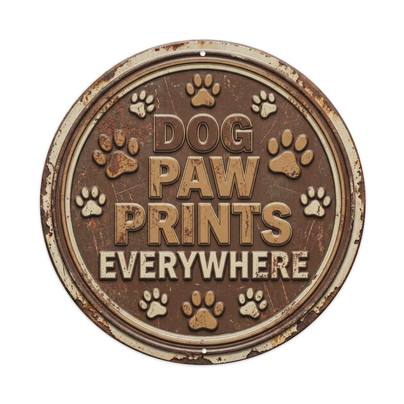 Vintage Dog Paw Prints Everywhere Woof Metal Tin Sign Plaque Wall Decor for Cafe, Club, Garden Round Metal Poster 8x8Inch