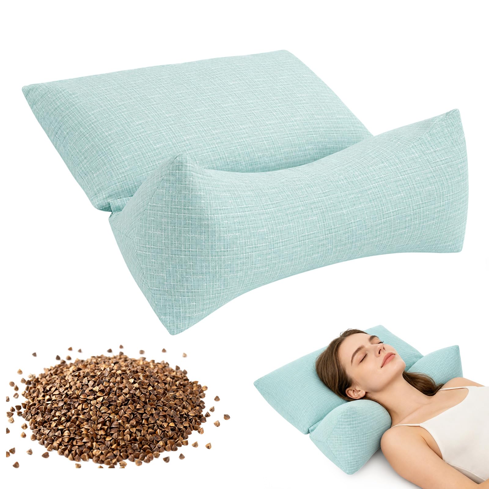 vocheer Almohada desmontable 3 en 1 de trigo sarraceno para dormir, 45,7 x 35,5 cm, almohada cervical para aliviar el dolor, altura y firmeza ajustables, apoyo firme para personas que duermen de