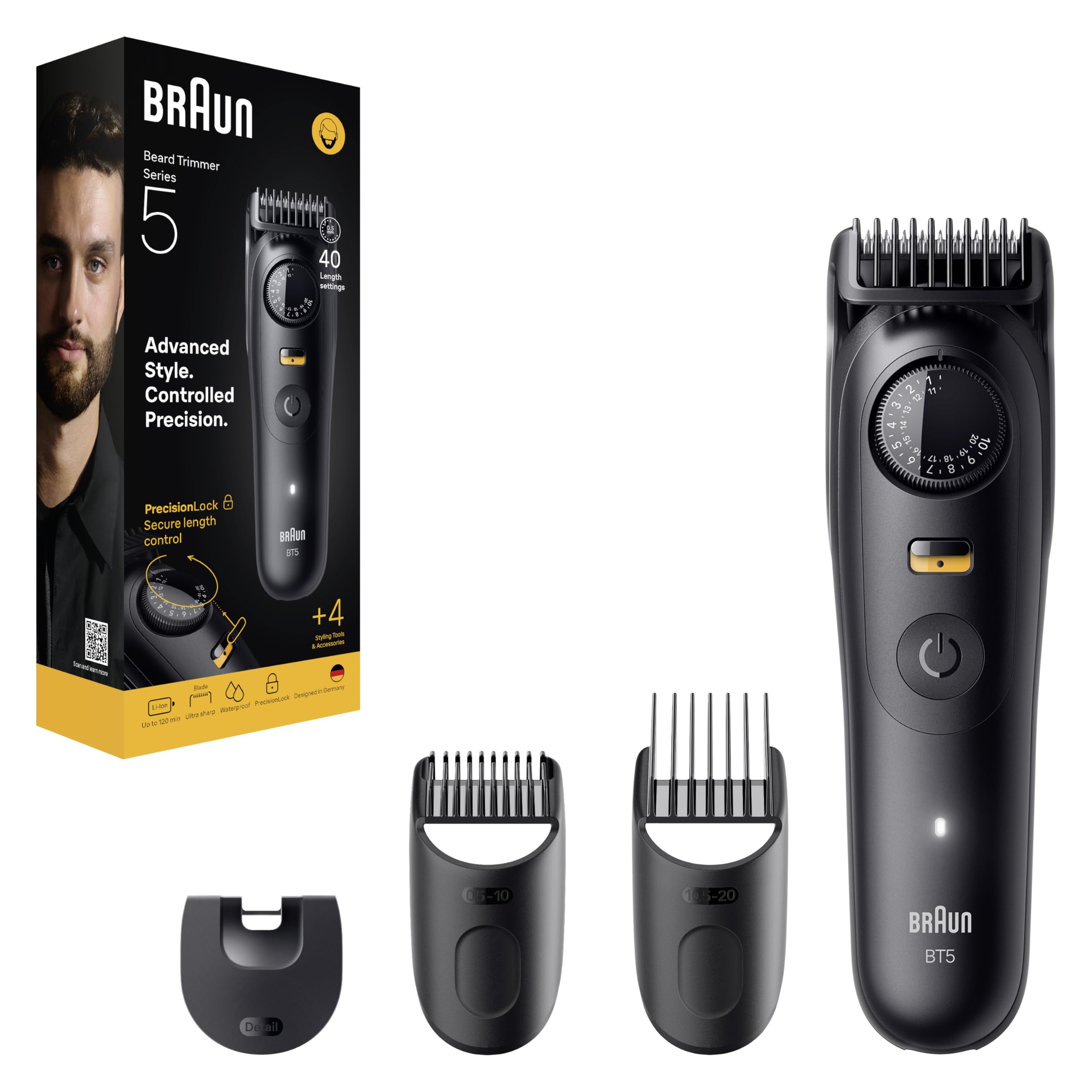 Braun - Cortador de barba serie 5, + 4 herramientas para crear su estilo, hoja ultrafina, 120 min de autonomía, 40 longitudes, impermeable, rueda de precisión y bloqueo, BT5520, negro