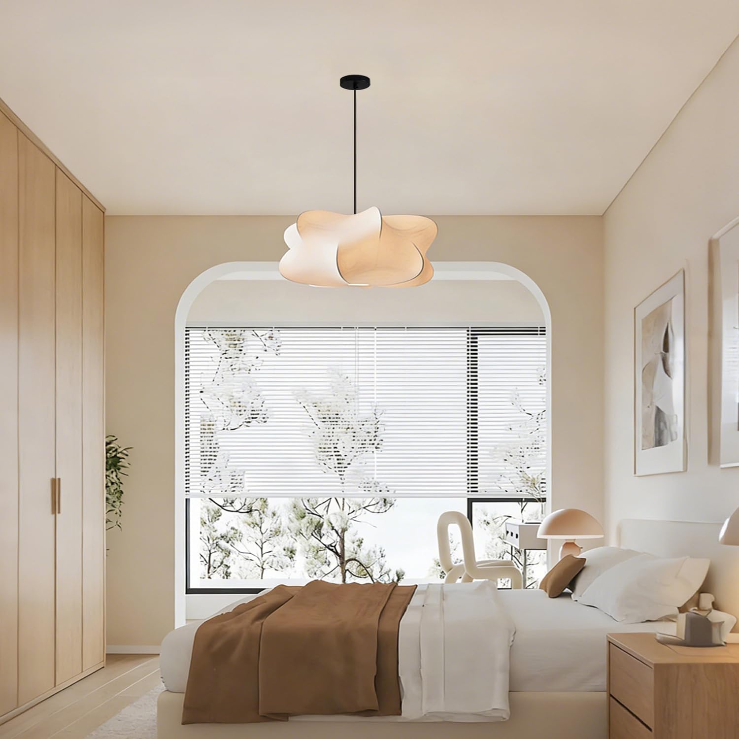 MIXL-Imitation Silk Pendant Light,White Shade Fabric Minimalist Chandelier,Dining Table Hanging Light Fixture,Wabi Sabi Style Pendant Lamp for Living Room Bedroom