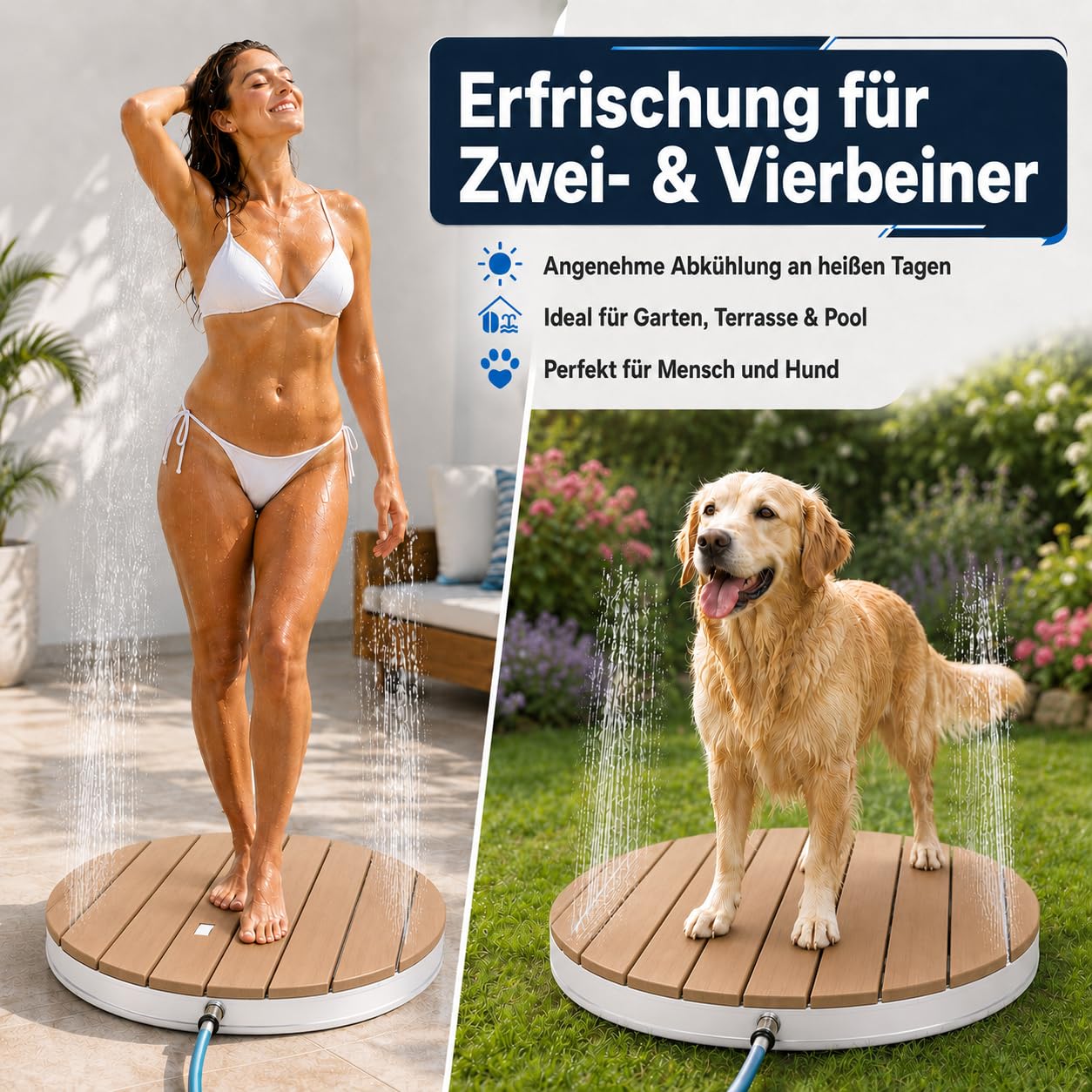 @tec Gartendusche, Ø 70 cm, Höhe: 7,5 cm, Bodendusche für Garten, Pool & Camping, WPC-Bodenplatte mit 18 Fontänen, Fußventil mit Stellrad, 3/4-Zoll Schlauchanschluss, mobil