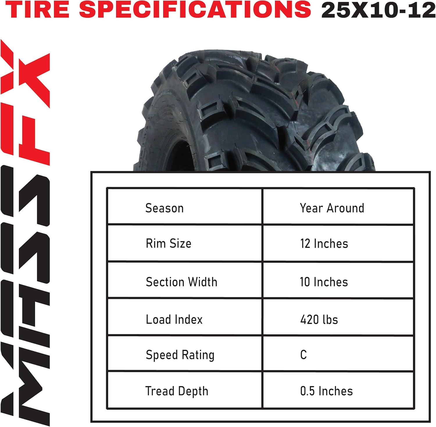 MASSFX MK251012 ATV 25x10-12 Tires 2 Set Rear 6Ply 1/2" Tread Depth 25x10x12