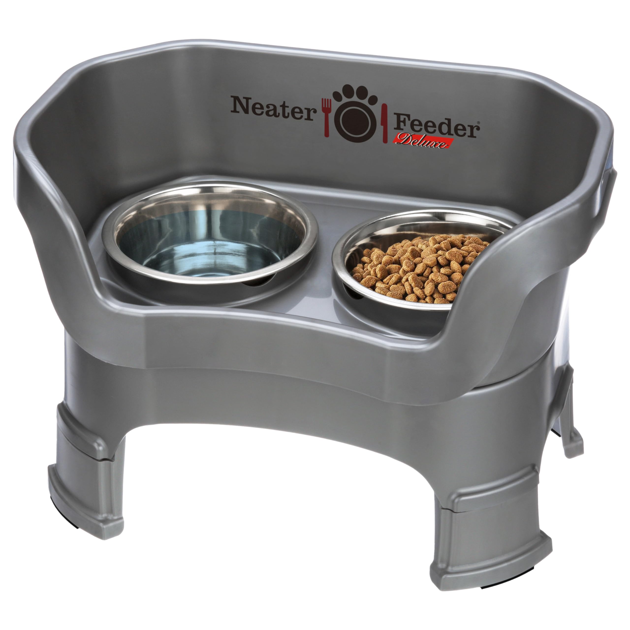 Neater Feeder Deluxe Mess Proof Dog Bowls Elevated Medium Sized Dogs (19-40 lbs) Made in USA, No Spill Raised Dog Food Bowl Stand w/Leg Extension, Stainless Steel Food and Water Bowl Set, Grey