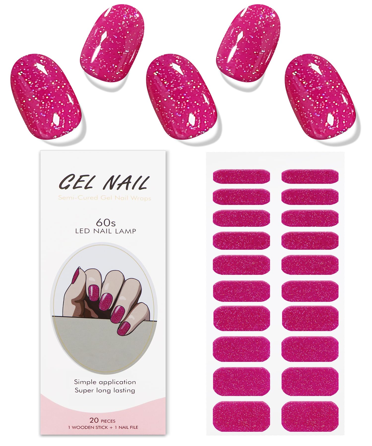JMEOWIO Gel Nail Stickers Glitter Pink Semi Cured Gel Nail Strips Wraps UV/LED Nails Art Design Decoration Accessories - Image 2
