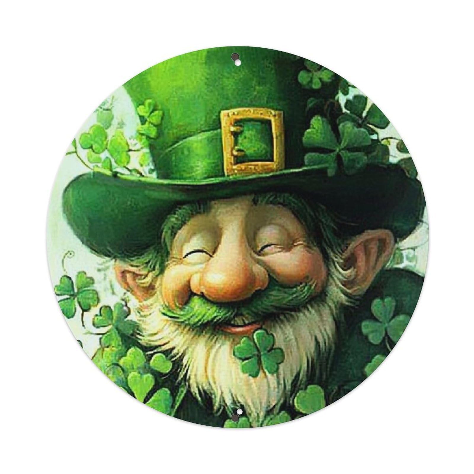 Smiling Leprechaun With Shamrocks Vintage Metal Tin Sign Retro Wall Decor for Home Bar Garage Cafe, Indoor & Outdoor Decorative，circle Metal Poster, 8x8 Inch