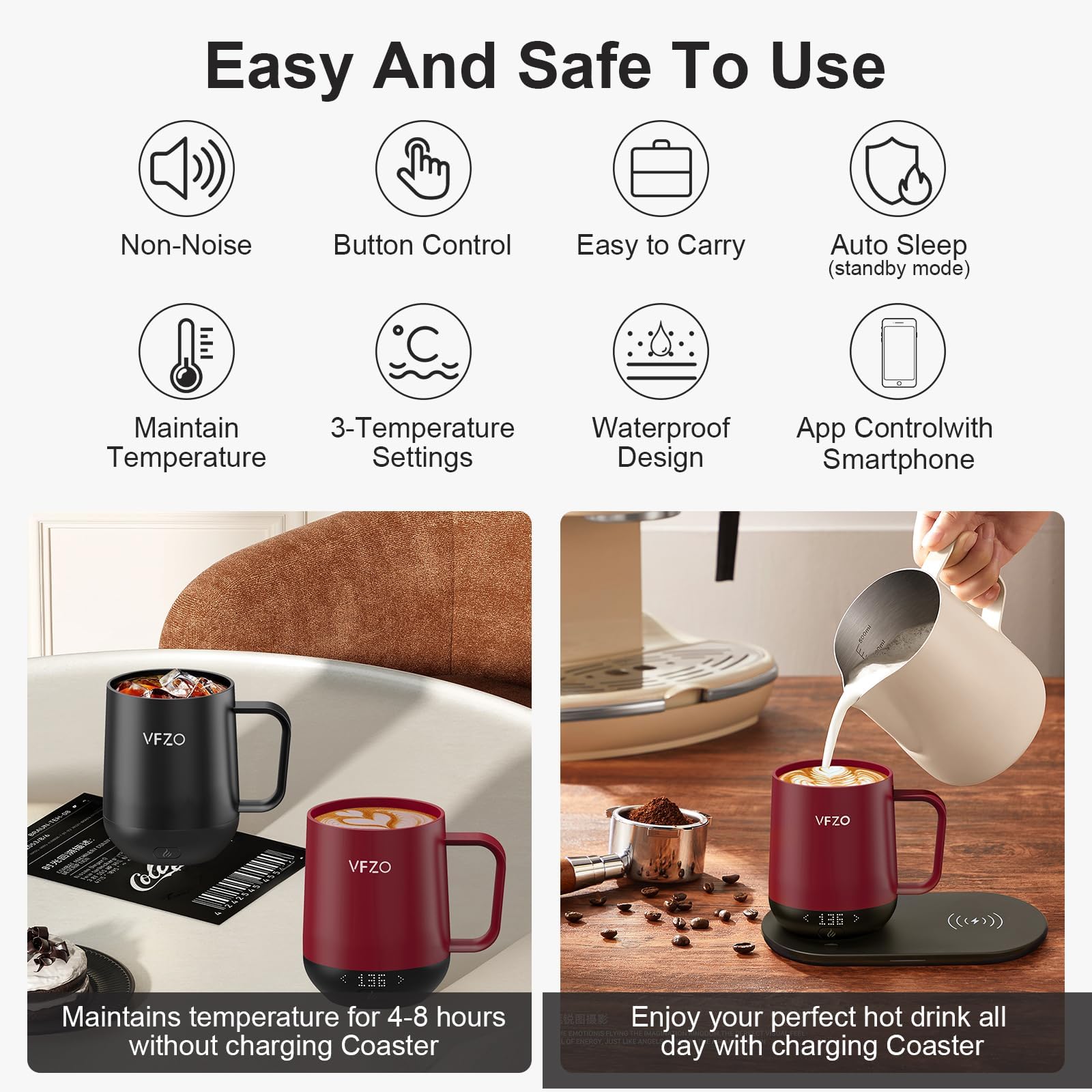 VFZO Temperature Control Smart Mug, Self Heating Coffee Mug LED Display, 180 Min Battery Life - Hot up to 149? Fast Wireless Charger Base Improved Design coffee serving sets (12oz, Burgundy)