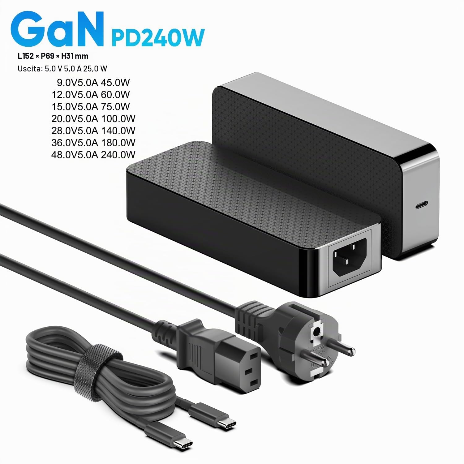 HKY 240W USB C Caricatore 48V/5A 36V/5A 180W GaN PD3.1 con Cavo USB C Rimovibile per Gaming Laptop,Thunderbolt 5 AI PC, Industrie PC, Altoparlanti, Drones, E-bike, Robot, Controller Gioco Alimentatore
