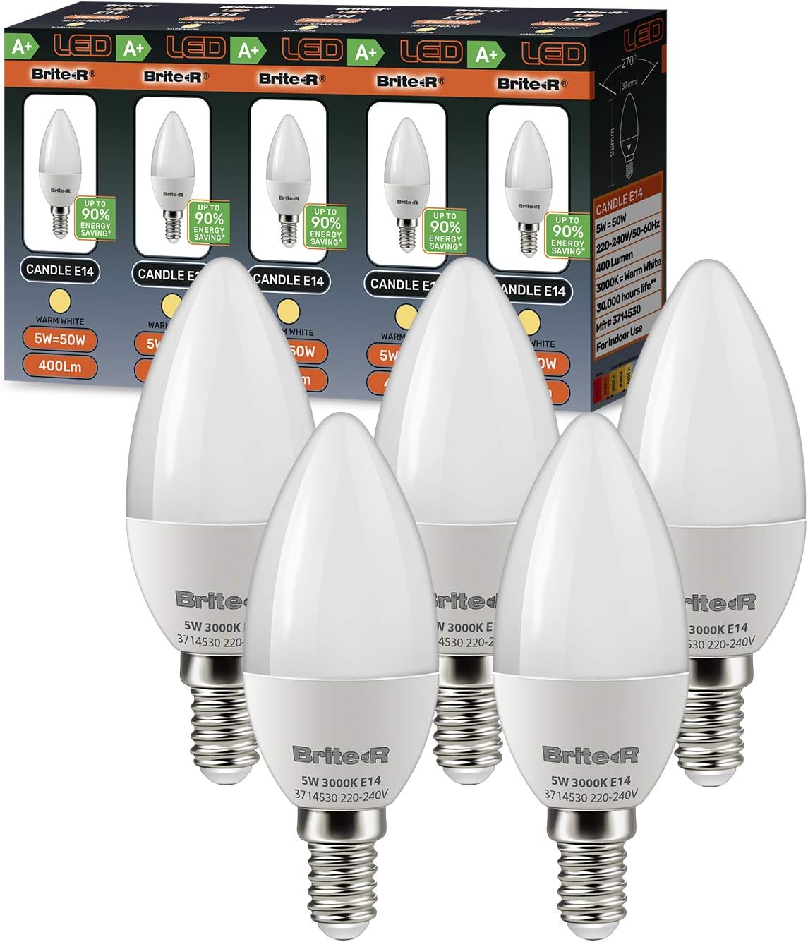 5X E14 SES Candle LED Bulbs 5W Warm White Brite-R 270° Beam 3000K 400lm 90% Energy Save* 50W Halogen Equiv Replacement Lamp AC220-240V Wide Angle Frosted Home Office Lighting UK Warranty Pack of 5 [Energy Class A+]