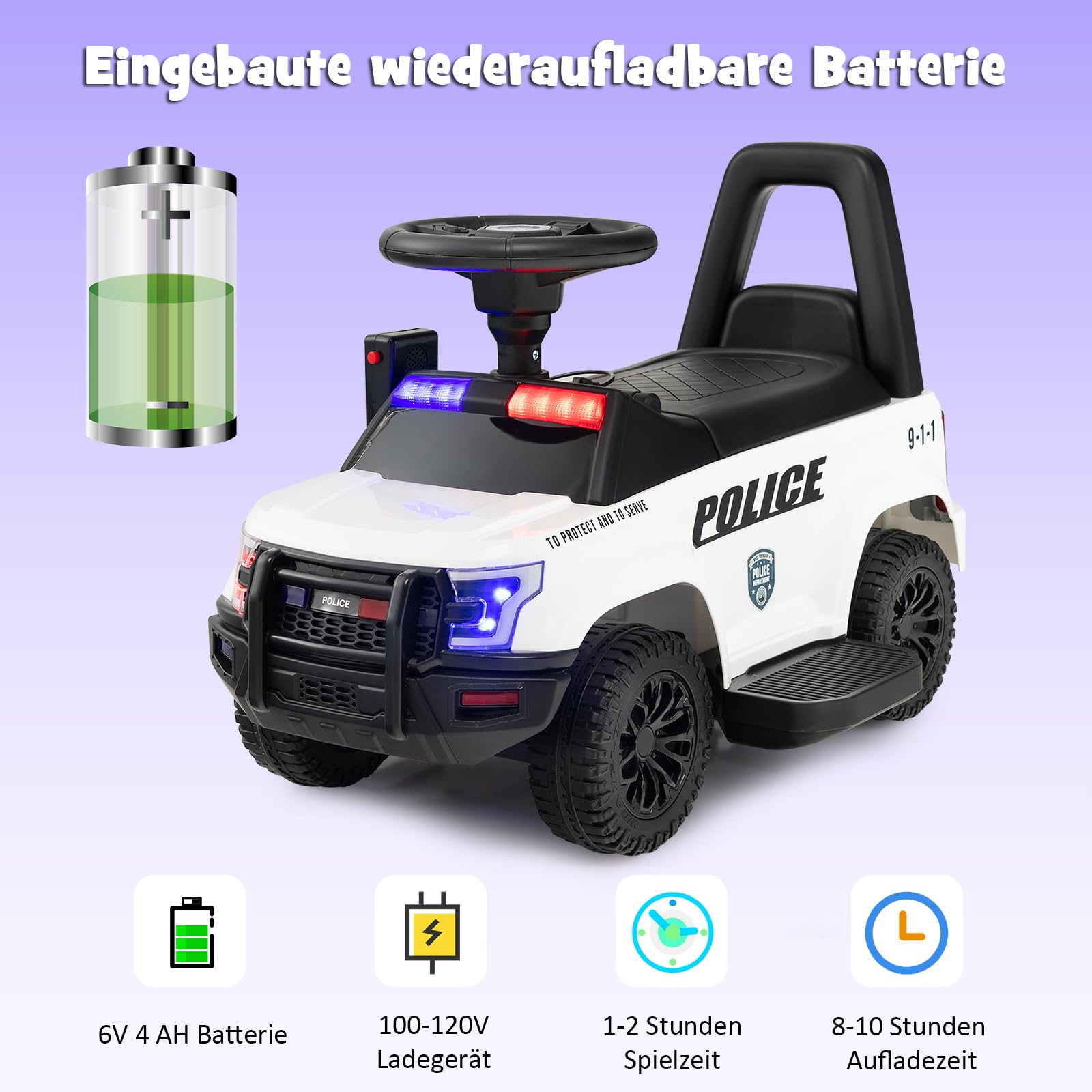 COSTWAY Polizei Elektroauto für Kinder, 6V Elektrisches Kinderauto mit Stauraum & Megafon & Warnlicht & Hupe & Fußpedalen, Elektro Auto für Kinder ab 18 Monaten (Weiß)