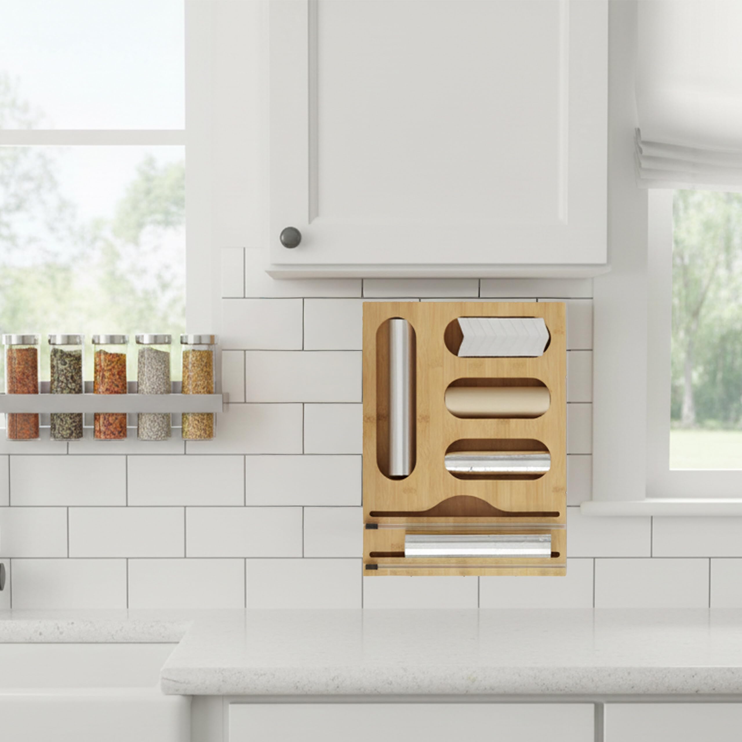 Relaxdays Distributeur 6 en 1 Films Alimentaires, alu, Sacs congélation, Bambou, Mural/tiroir, 43,5x33,5x7,5 cm, Naturel
