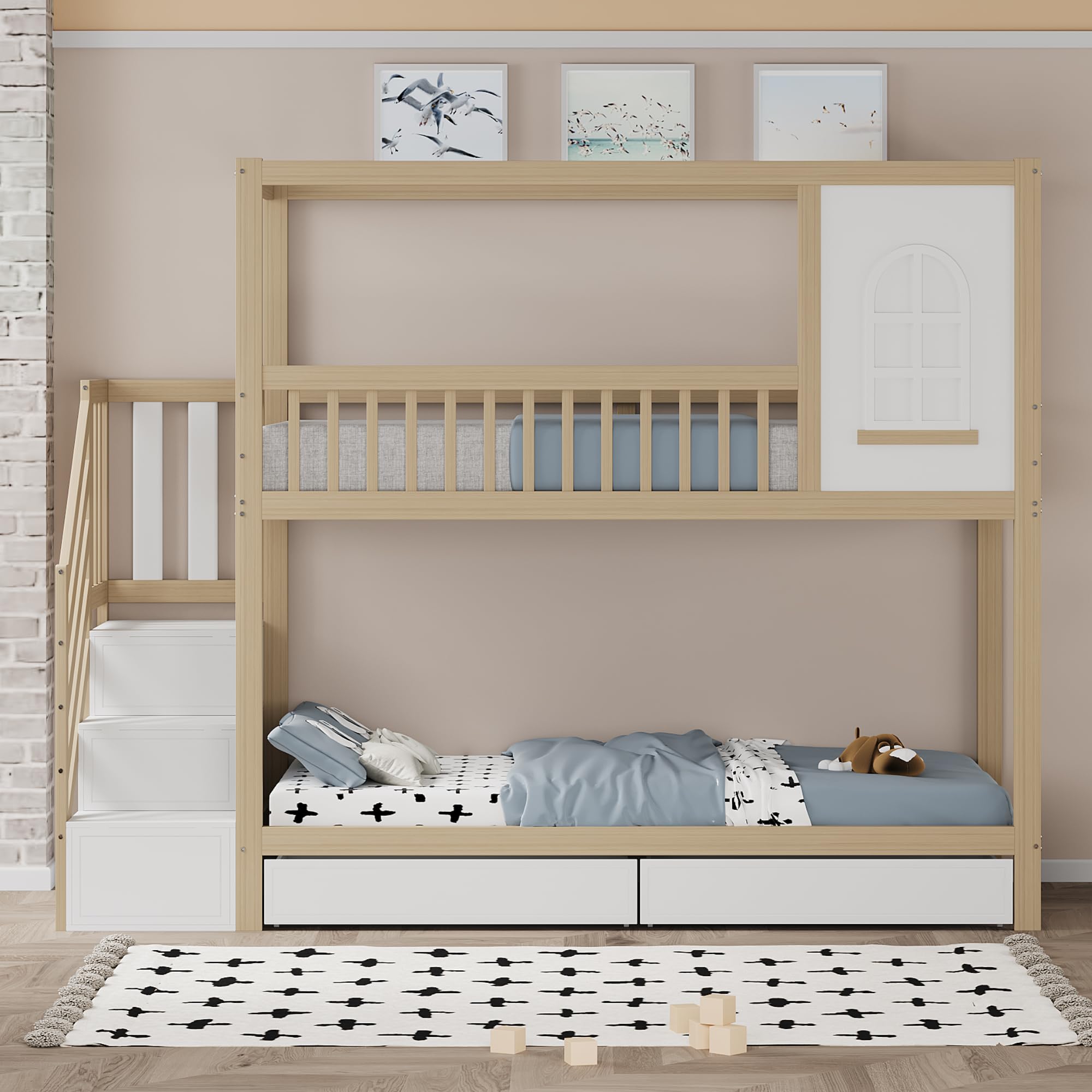 Letto a castello 90 x 200 cm, letto matrimoniale in legno massello, a forma di casa con finestre, design di recinzione di sicurezza, con cassetti e scala di sicurezza, per adolescenti (legno