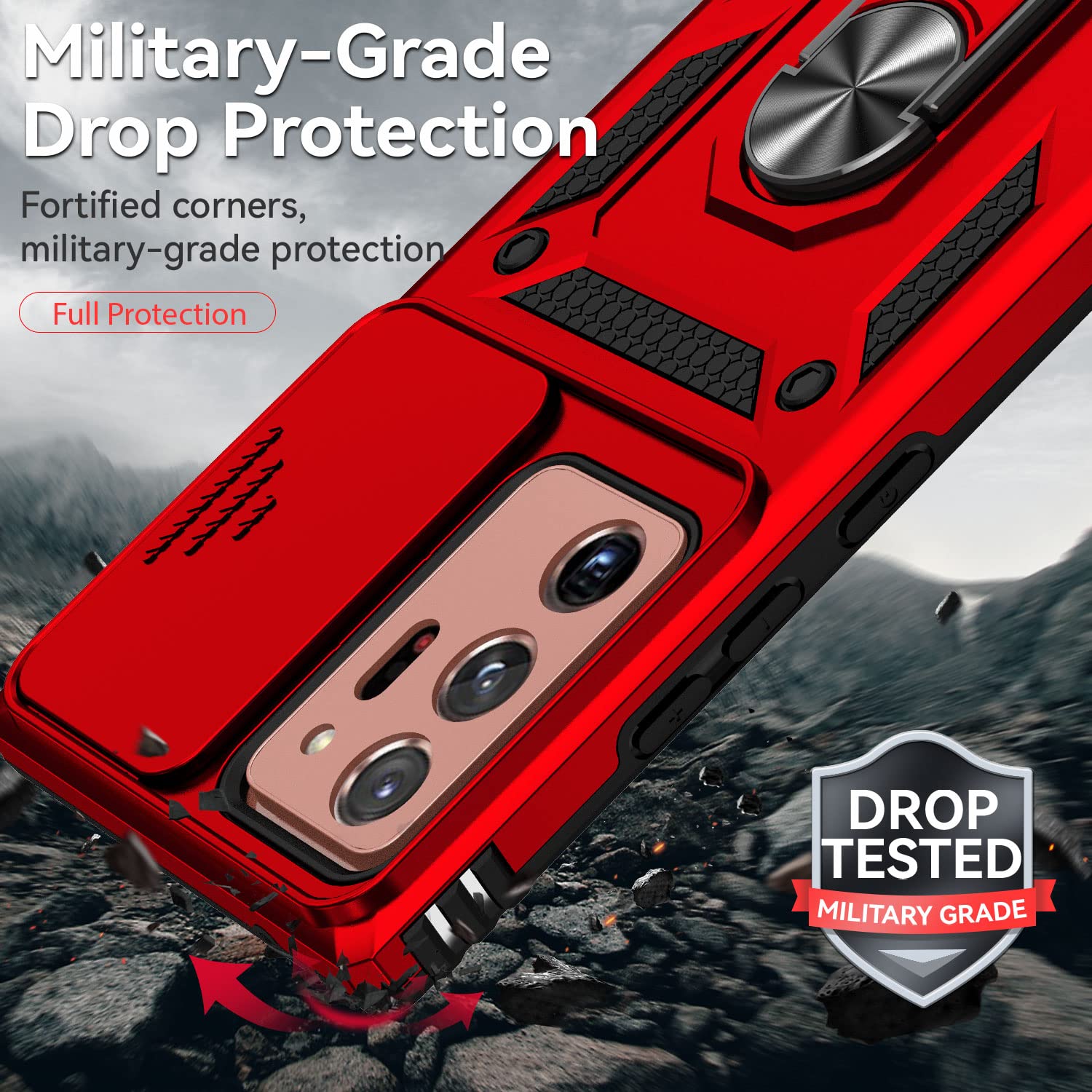 Jiyu Funda Compatible con Samsung Galaxy Note20 Ultra Carcasă Armor Militar Cubierta de Cámara Deslizante Proteger Fundas con 360 Full Protección Anillo Soporte Silicona Estuche Cover Case,Rojo — view 5