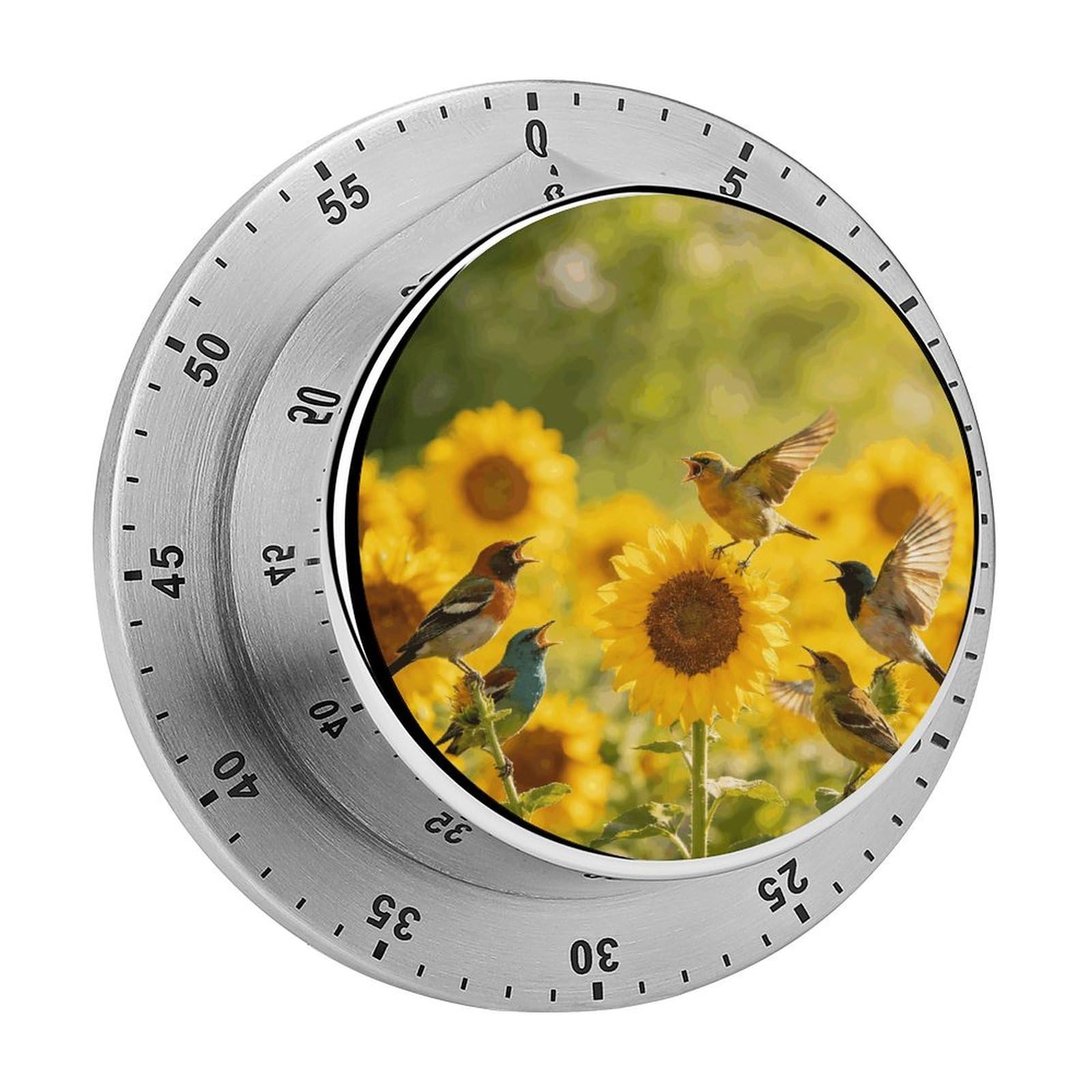 Sunflowers and Songbirds Timer Exquisite Stainless Steel Body Desk Visual Timer with Loud Alarm 60-Minute Mechanical Countdown Timers Magnetic Backing Cooking Kitchen Timers for Work