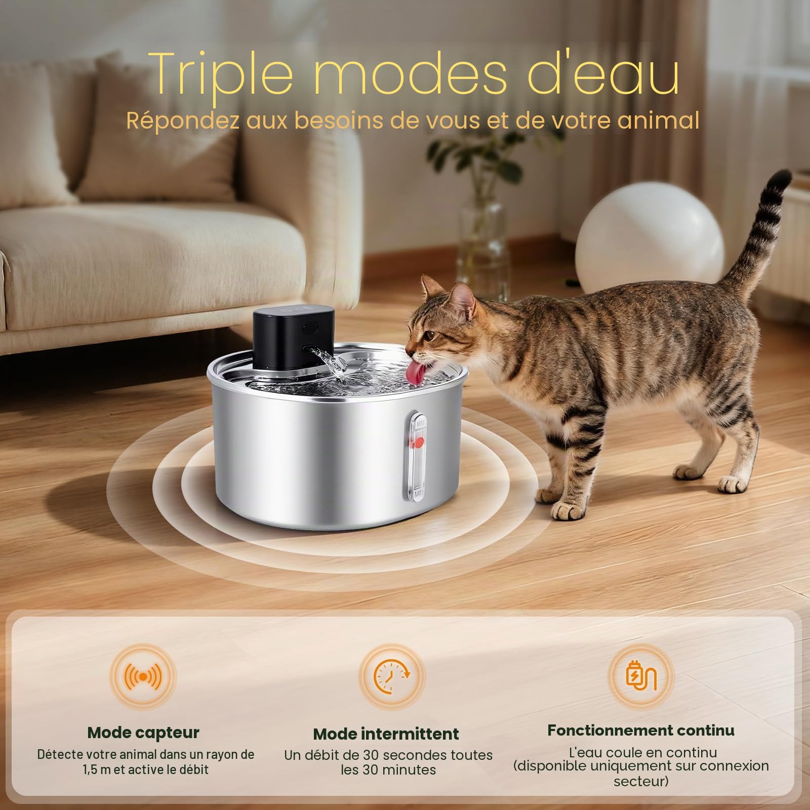 3.2L Fontaine a Eau Chat sans Fil INOX, Fontaine a Eau Chat Detecteur de Mouvement, Batterie 5000mAh, Silencieux, Équipé d'une Fonction Anti-Séchage, pour Chats et Petits Chiens