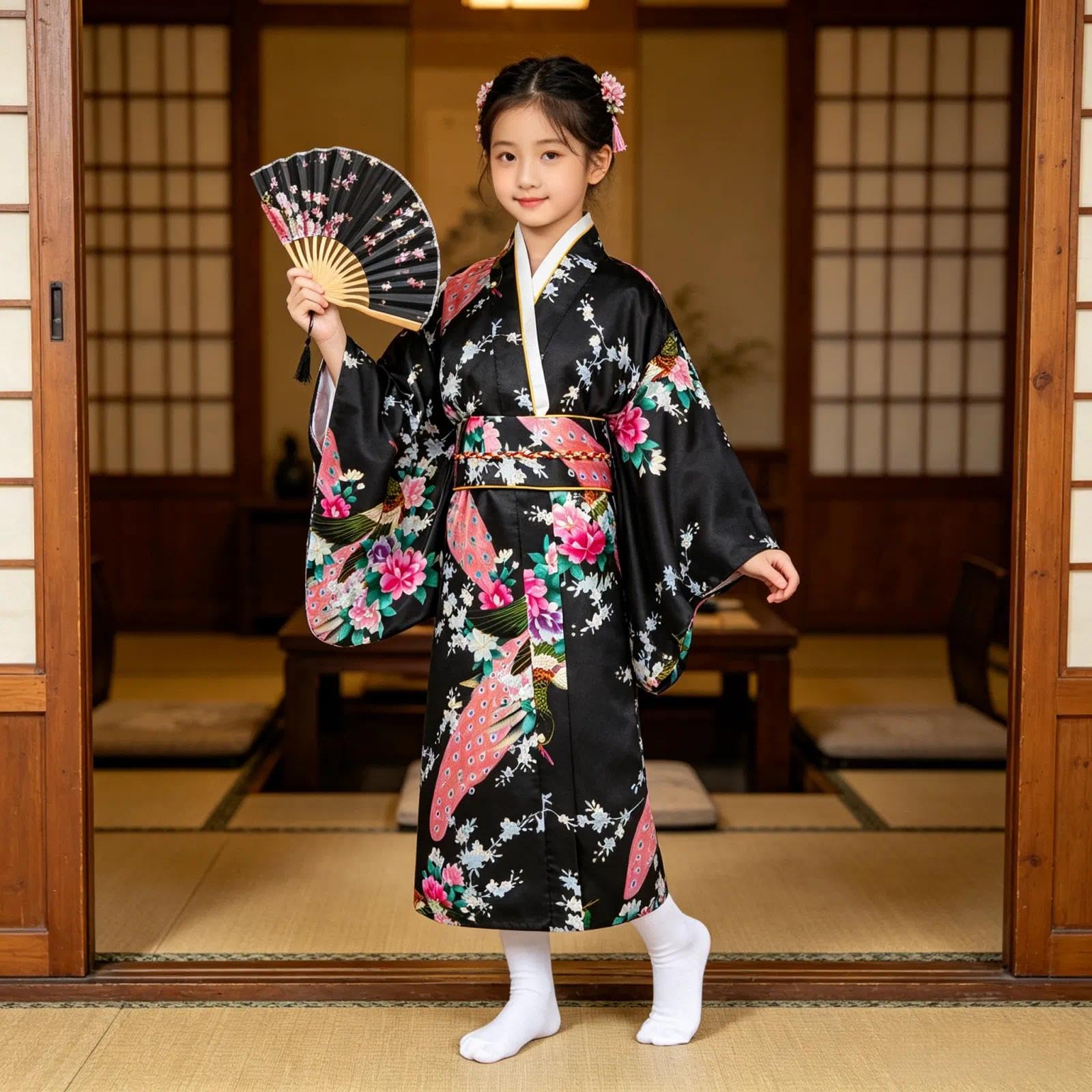Niños Yukata Vendimia Estilo Japones - Niña Kimono Tradicional Ropa Seda Tela Túnica Desgaste Boda Partido Actuación Vestido