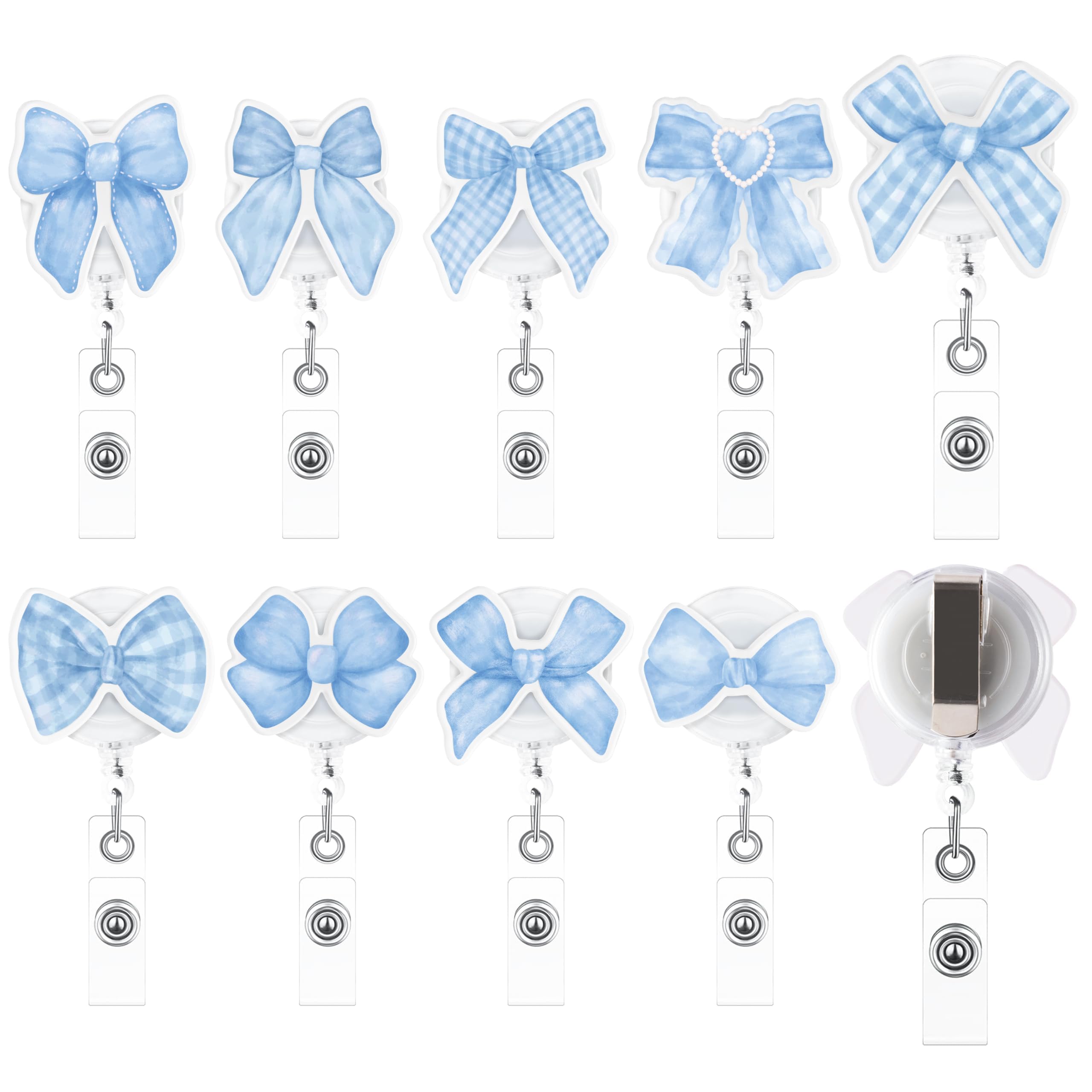 BkeeCten Blue Retractable Badge Holder - 9Pcs Coquette Blue Bow Watercolor Aesthetic Acrylic Duty Retractable Badge Reel Holder Lanyards Id Card Metal