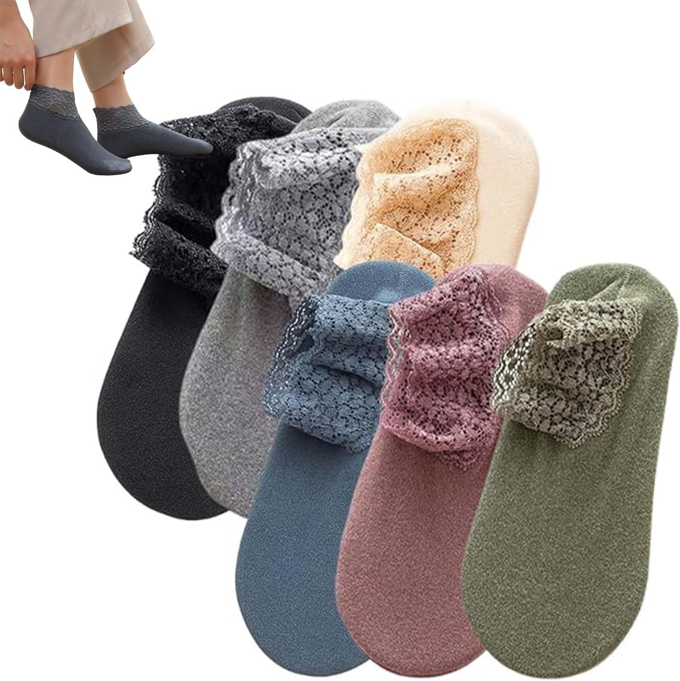 PetPhindU Lace Warmer Socks, Fall Winter Ruffle Non Slip Frilly Ankle Socks with Lace Trim for Home and Floor Use