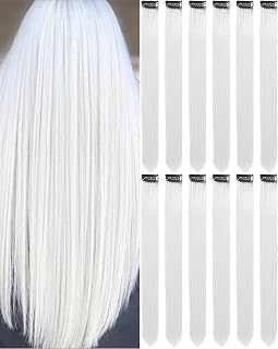 22 Inch Colored White Hair Extensions Party Highlights, Straight Hairpiece Clip in Synthetic Hair Extensions for Kids Girls (12 Pcs White)