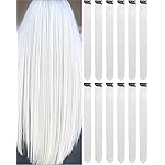 Olldag 22 Inch Colored White Hair Extensions Party Highlights, Straight Hairpiece Clip in Synthetic Hair Extensions for Kids Girls (12 Pcs White)