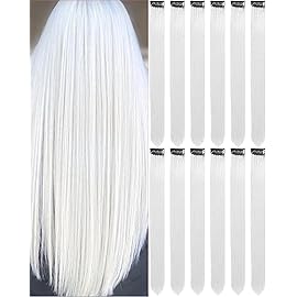 Olldag 22 Inch Colored White Hair Extensions Party Highlights, Straight Hairpiece Clip in Synthetic Hair Extensions for Kids Girls (12 Pcs White)