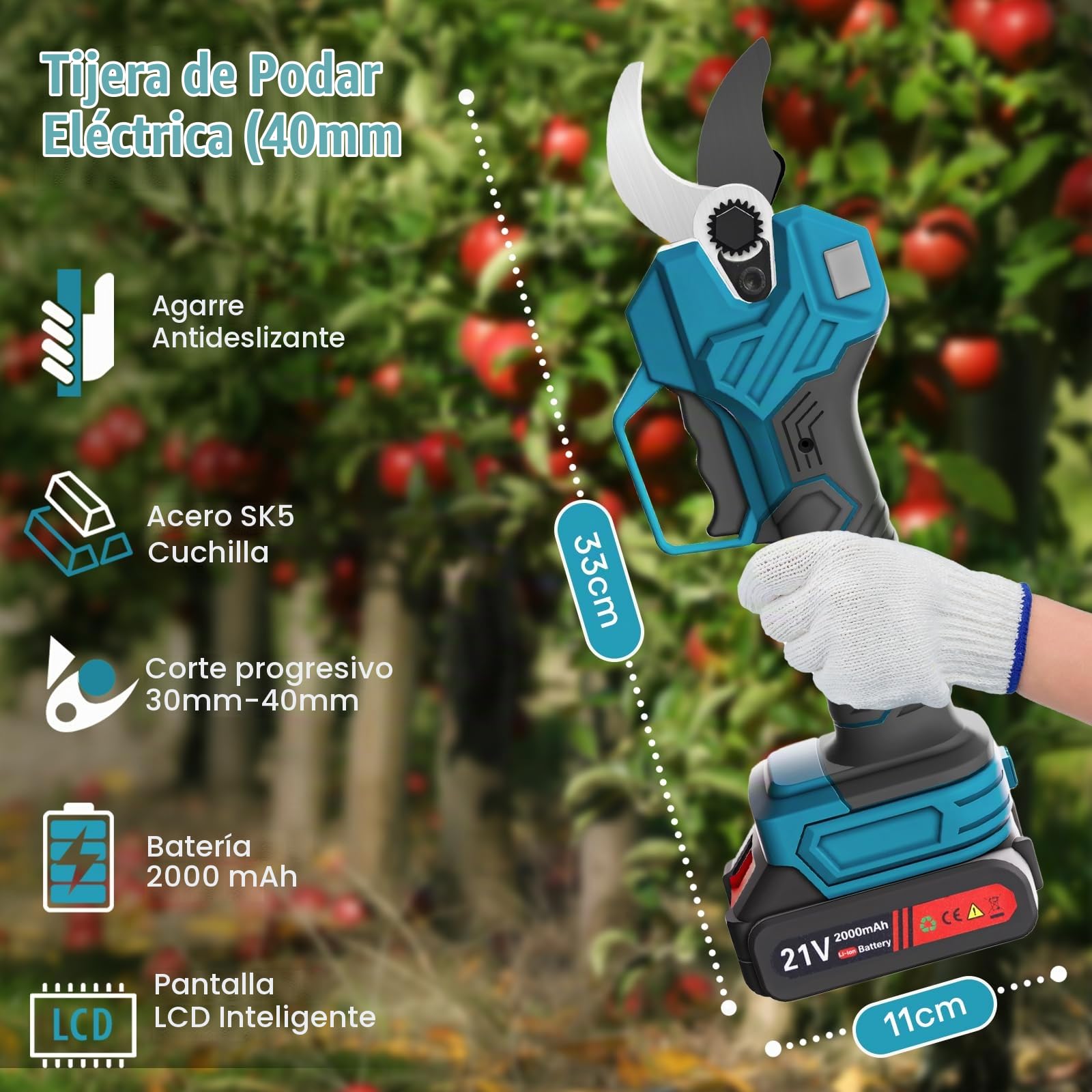 Bostar Tijera de Podar Eléctricas 40MM, Tijera de Podar Inalámbrica Profesional con LCD Pantalla/Baterías 2x2000mAh Hojas SK7 para Jardín Huerta Podar Ramas