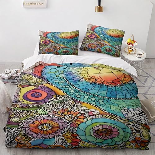 OmErsa Juego de funda de edredón bohemia tamaño California King, 3 piezas, funda de edredón con patrón floral y 2 fundas de almohada, microfibra