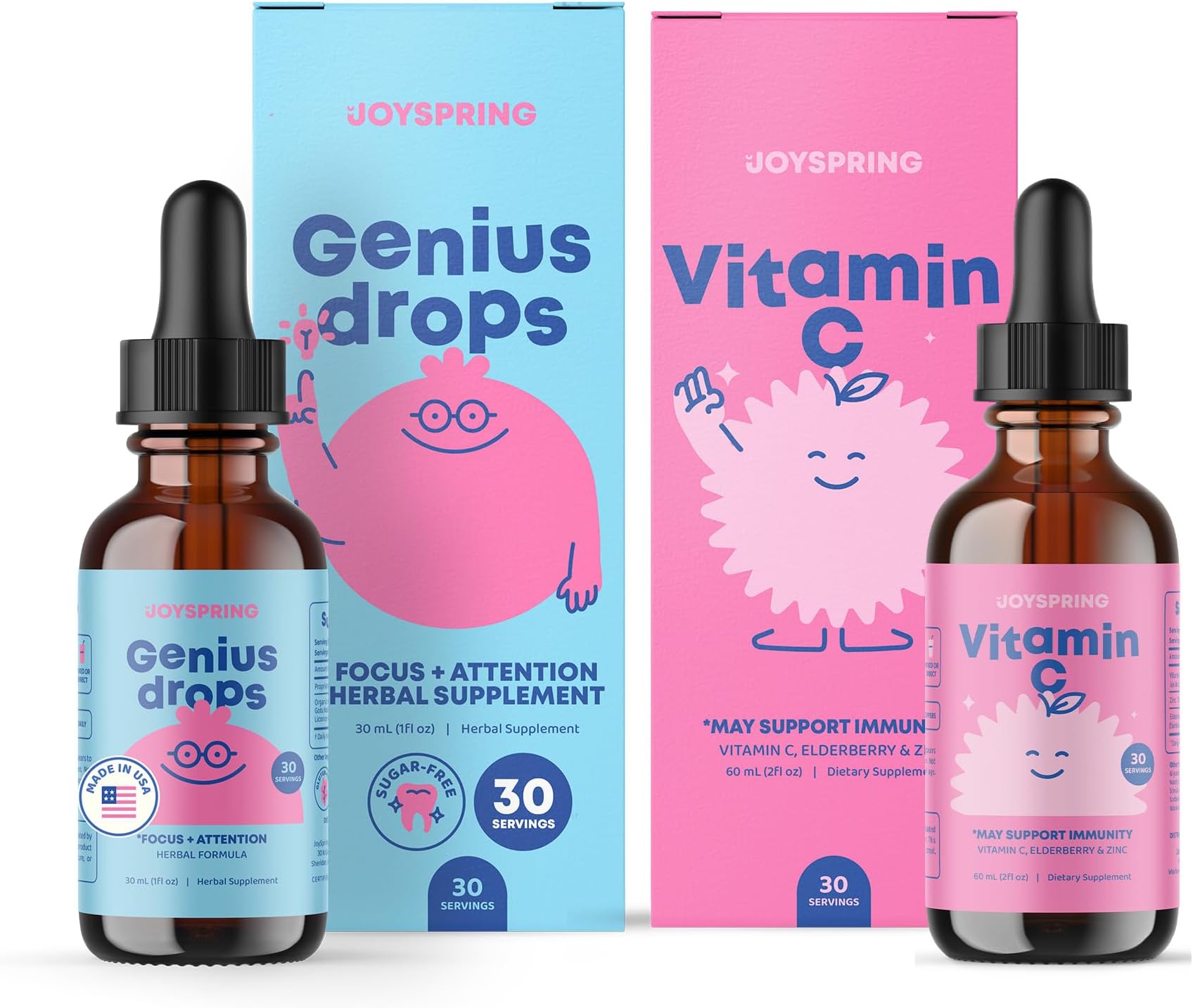 Genius Drops & Vitamin C - School Backup Bundle | Kids Vitamins Naturally Sourced, Non-GMO, Non-Alcoholic Liquid Formula, Immunity Health Support | Vegan & Vegetarian Supplement Drops