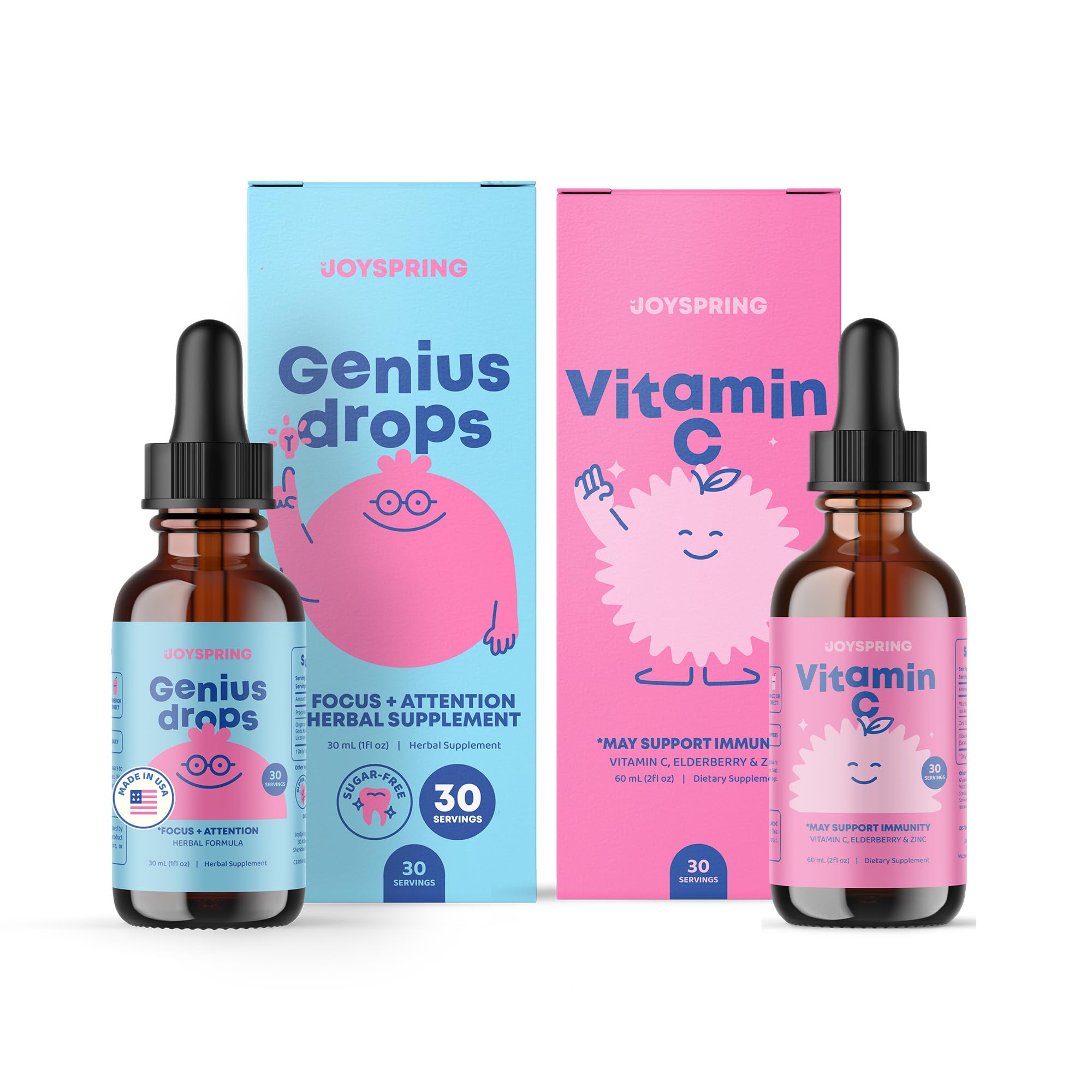 JoySpring Genius Drops & Vitamin C - School Backup Bundle | Kids Vitamins Naturally Sourced, Non-GMO, Non-Alcoholic Liquid Formula, Immunity Health Support | Vegan & Vegetarian Supplement Drops