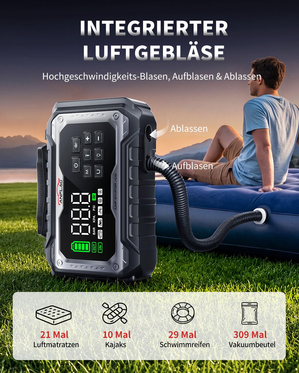 8000A Starthilfe Powerbank für Pkw mit Gebläse und 160PSI Kompressor, Auto Starthilfe Powerbank für All Benzin und 14.0L Dieselmotor, Starter Powerbank 800 Lumen LED Leuchte und LCD Display