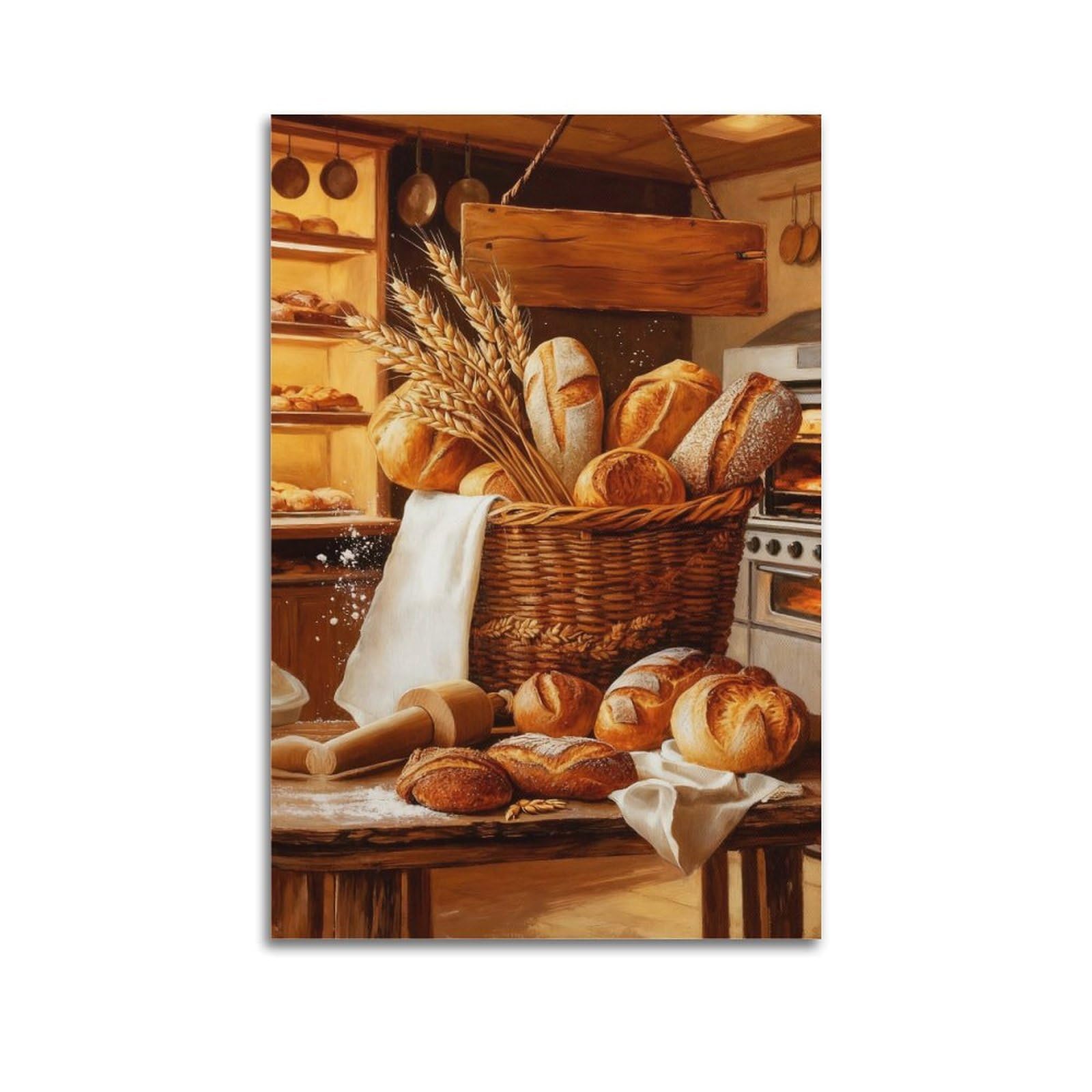 Poster mural sur toile de style vintage rustique avec motif pain aux tons chauds pour décoration d'intérieur dans la salle à manger, la cuisine et la boulangerie 60 x 90 cm