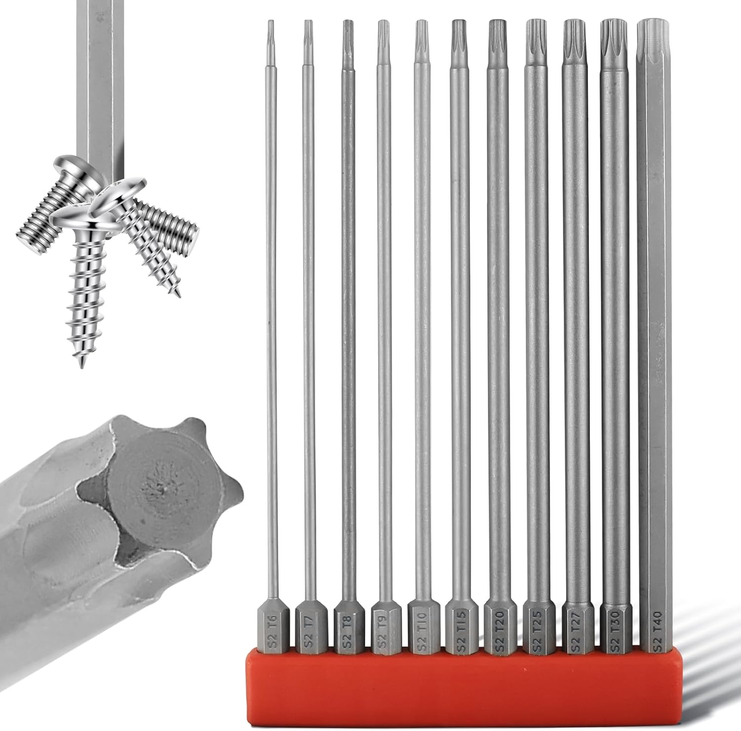 6 Point Long Torx Bits Set T6-T40 Bit 1/4 Inch Hex Shank S2 Alloy Steel Magnetic Torx Screwdriver Screwdriver Bit Set CNC 11pcs(150mm)