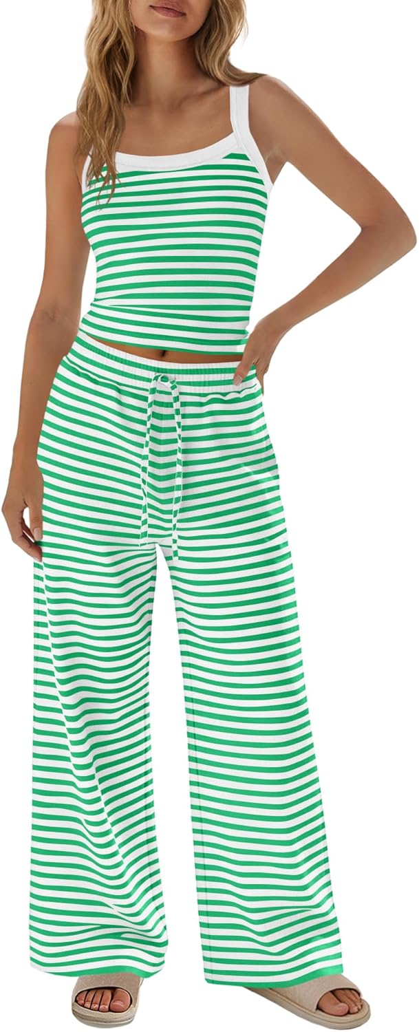 Nirovien Womens Lounge Sets Striped 2 Piece Outfits Spaghetti Strap Tank Tops and Wide Leg Pants Vacation Travel Sets