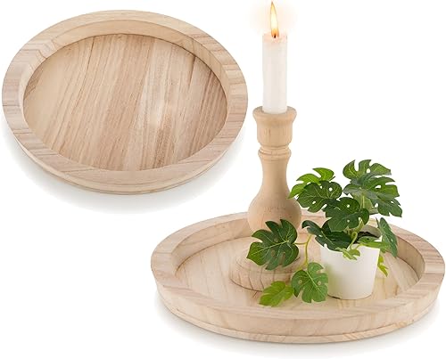 Hanobe Bandeja decorativa de madera juego de 2 bandejas redondas de madera sin terminar, bandeja otomana para servir bricolaje, centro de mesa,