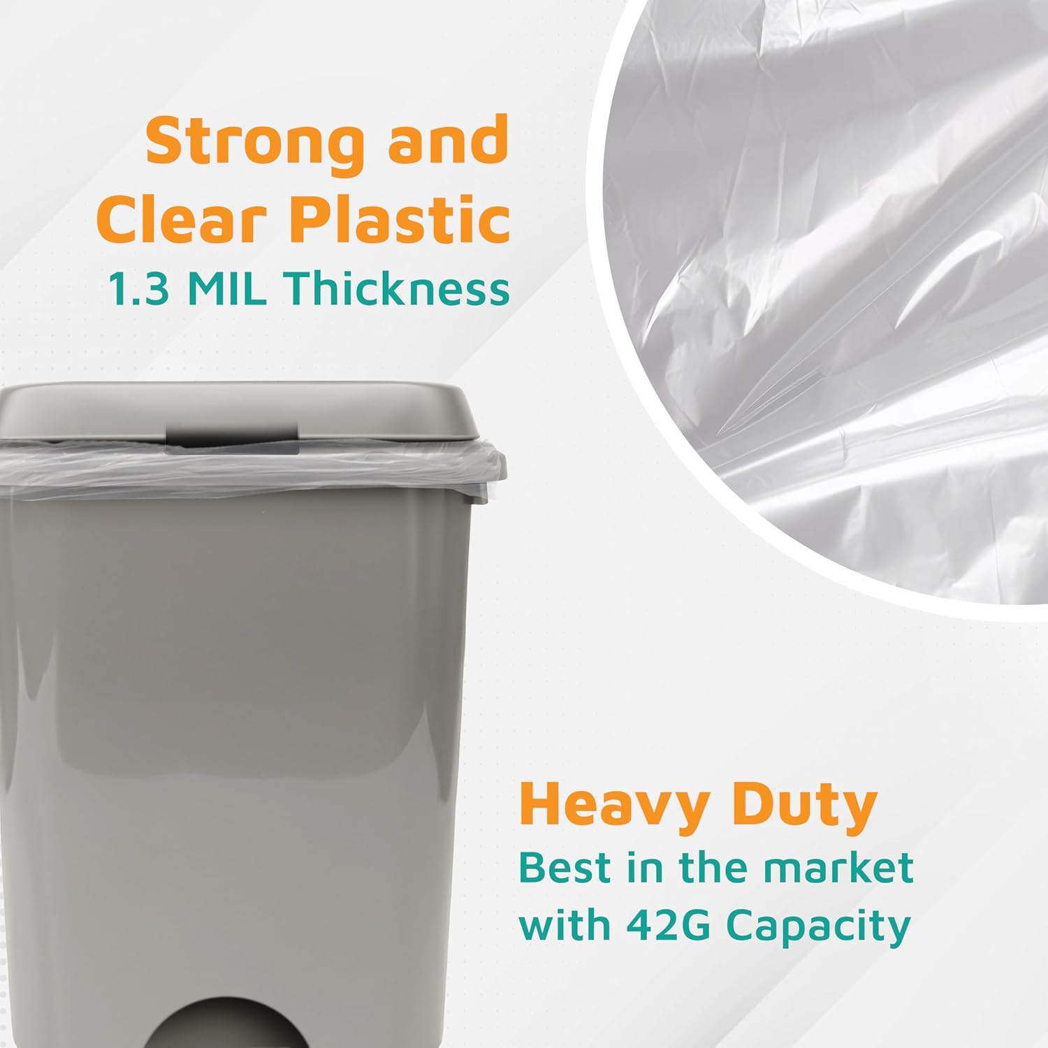 PlasticMill Heavy Duty Trash Bags - Clear Garbage Bags - Plastic Trash Bags for Large Rolling Trash Bins - Tall Trash Bags - 42-Gallon Large Kitchen Trash Bags, 1.3 Mil, 33"x48" (100-Count)