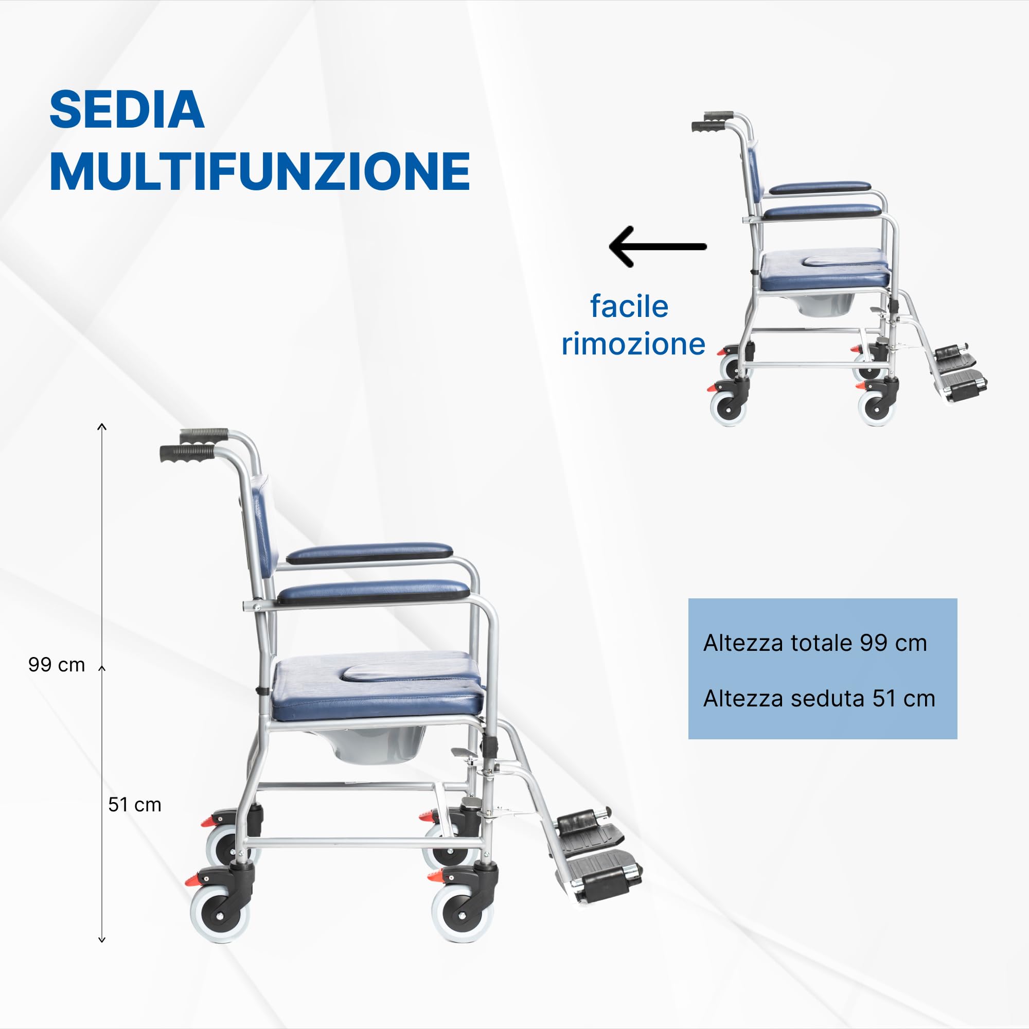 Sedia Comoda con Ruote per Anziani - Sedia Toilette - Comfort, Sicurezza e Mobilità in una Poltrona Multifunzionale - Braccioli pieghevoli, Seduta ergonomica