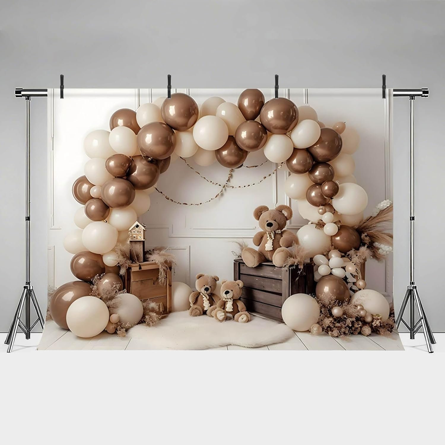 MEHOFOND Chłopcy brązowy niedźwiedź urodzinowy tło do fotografii bohema brązowy balon zabawka niedźwiedź pampasowy portret tło baby shower ciasto rozbić przyjęcie urodzinowe dekoracja baner rekwizyty