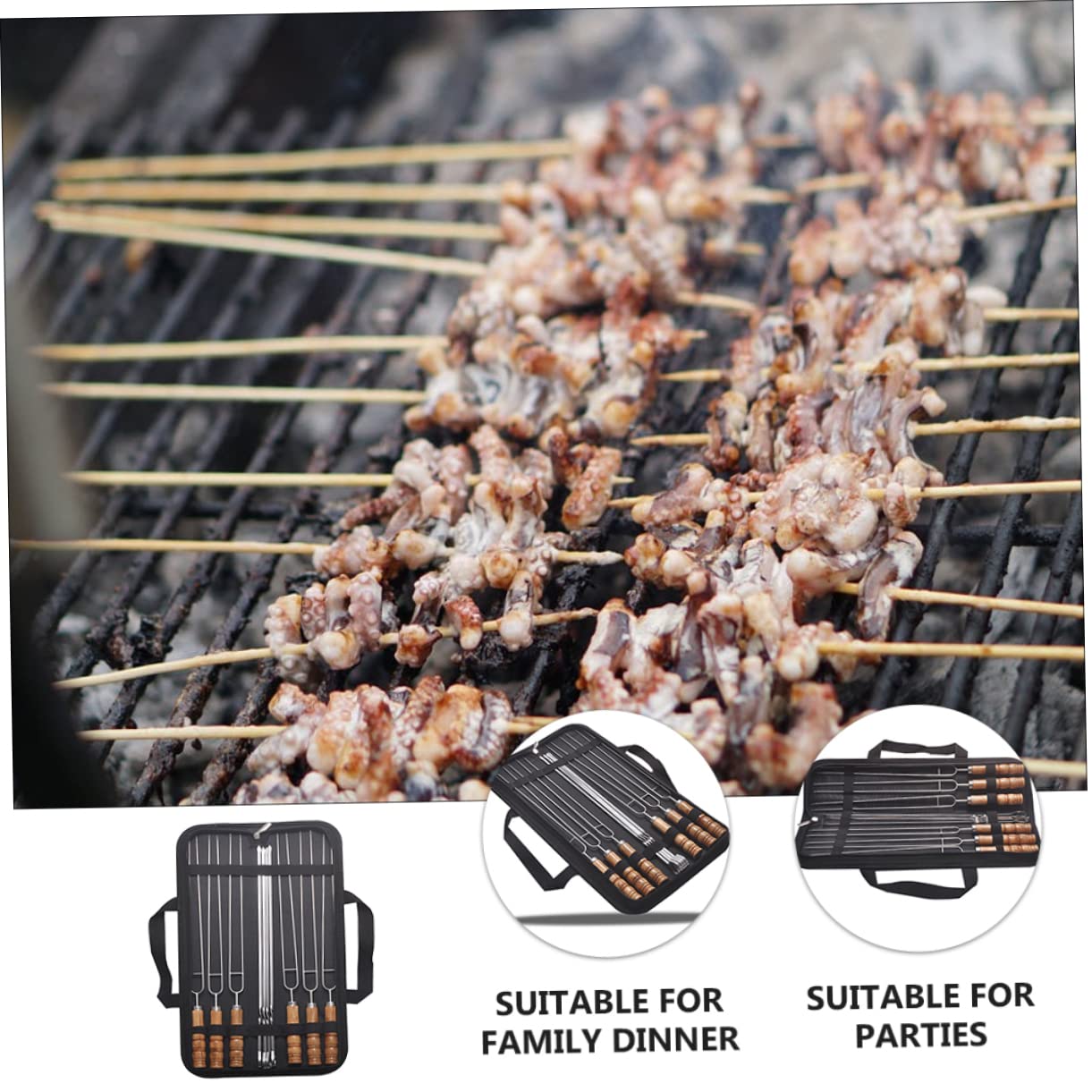 Spiedini Barbecue 10 Pezzi in Acciaio Inossidabile con Manico Nero | Impugnatura in Legno, Bordi Lisci e Struttura Robusta, Sacchetto Incluso, per Uso Outdoor e Quotidiano