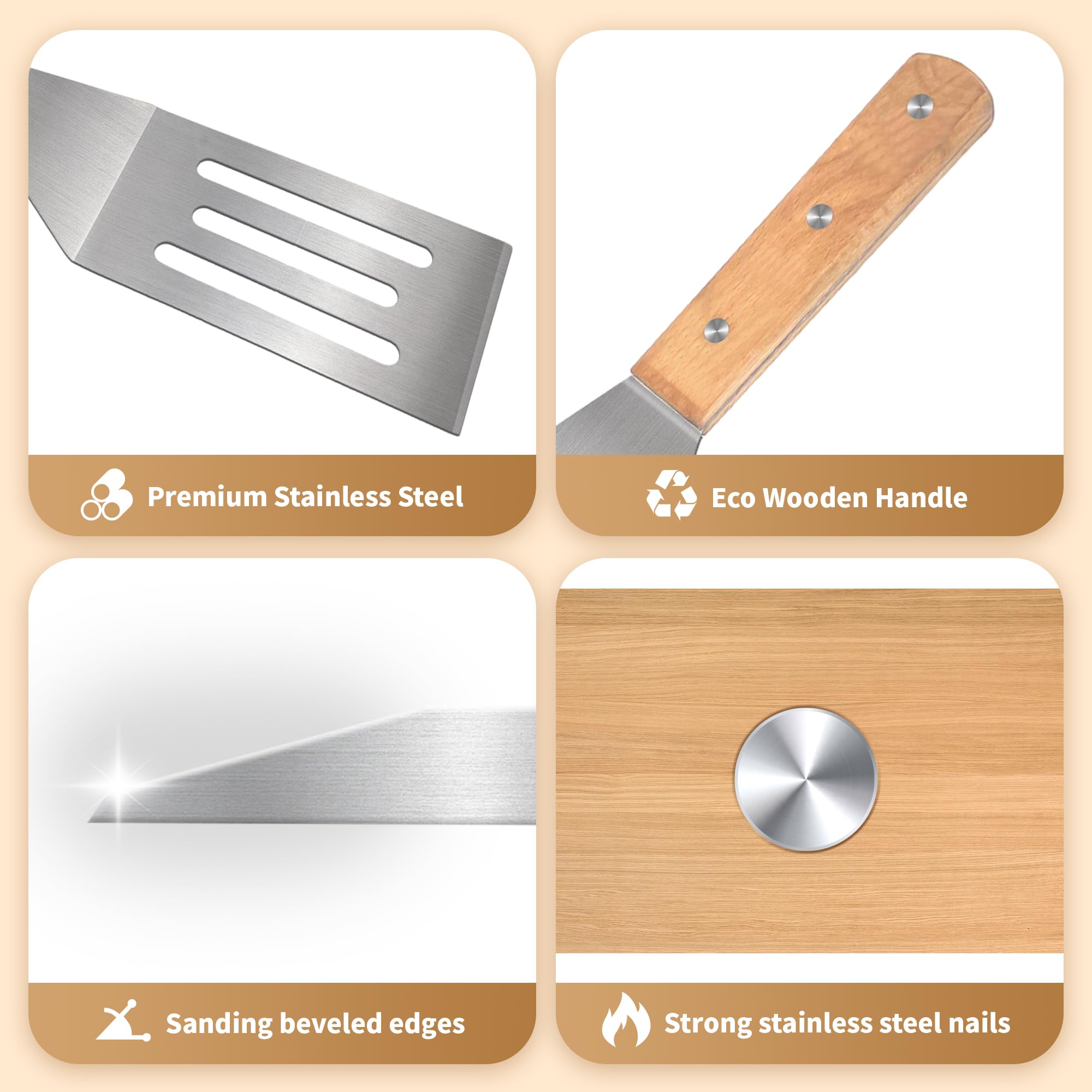 Juego de 4 espátulas de metal de acero inoxidable, espátulas Teppaniyaki, espátula plana, aleta para panqueques, utensilios de metal ideal para barbacoa, parrilla plana, accesorios de plancha 4
