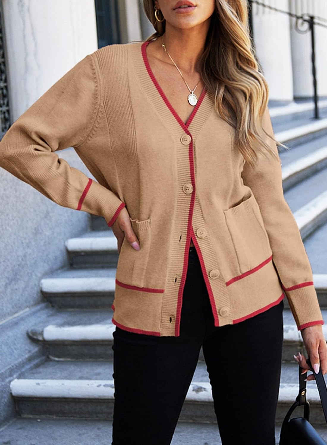 Dokotoo Short Cardigans for Women Color Blocked 2024 Fall Fashion Button Down Sweaters Winter Coats with Pockets - Image 5