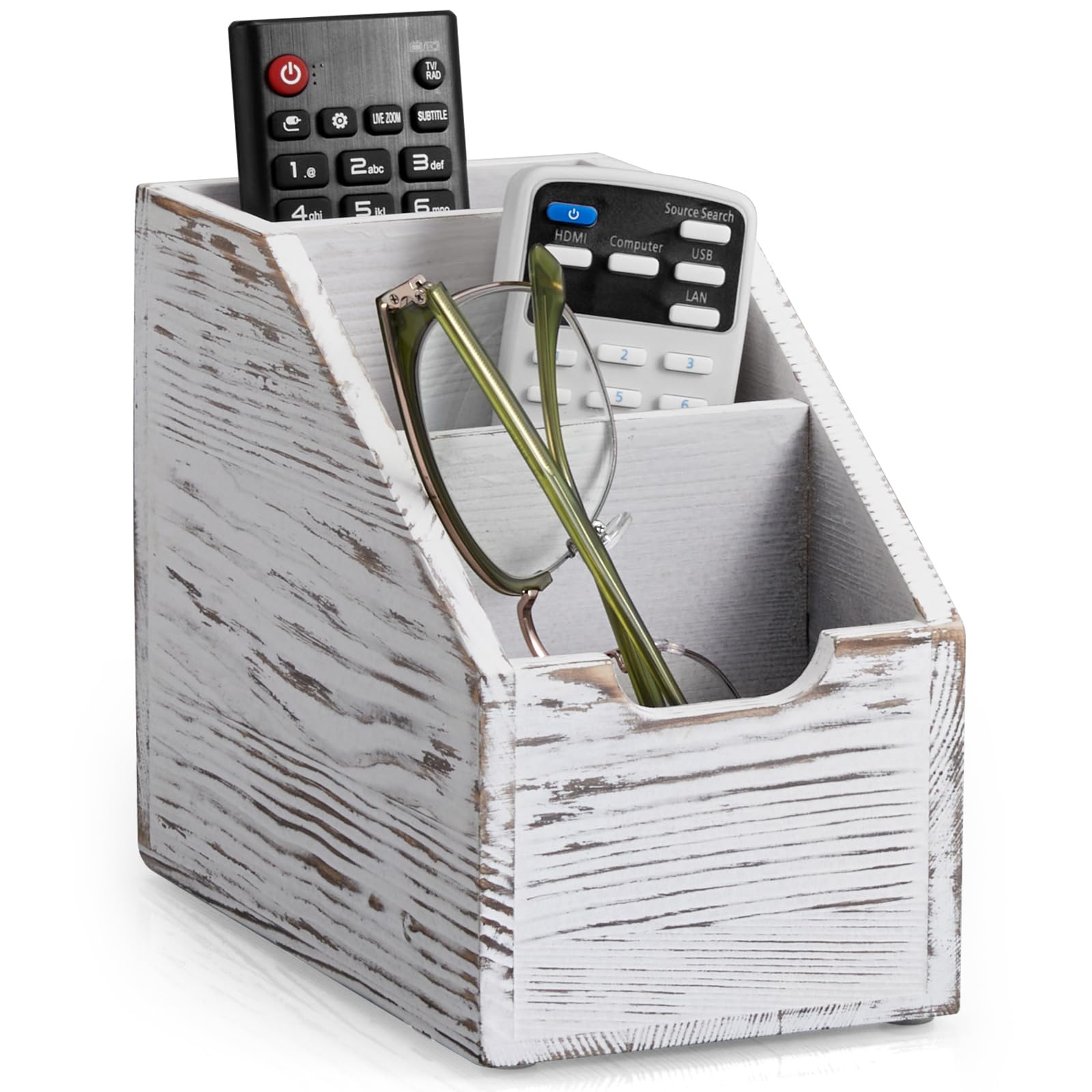BWODYAY Remote Control Holder, TV Remote Holder, Wood Farmhouse Remote Caddy for Table, Remote Organizer Caddy with 3 Slots, Remote Storage Box for