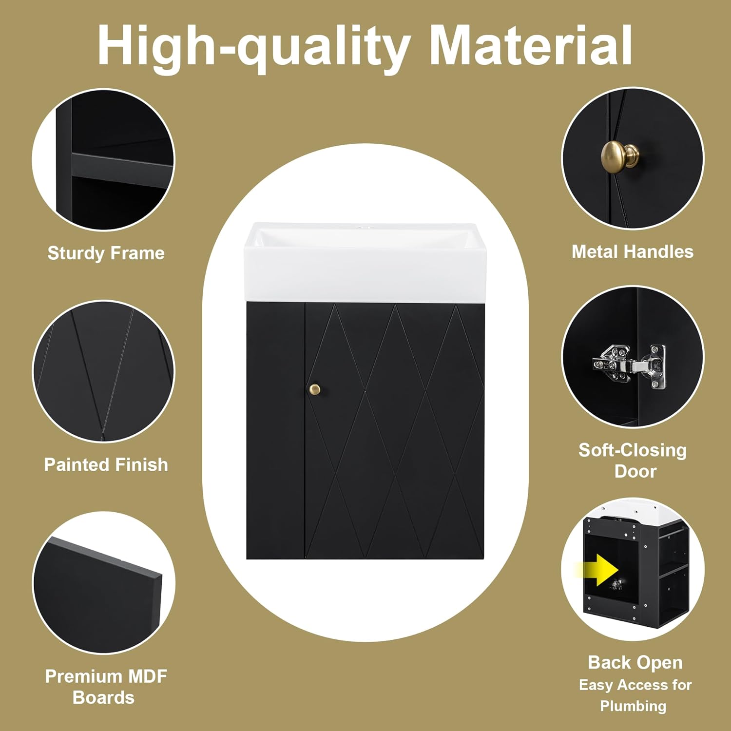 20" Floationg Wall-Mounted Bathroom Vanity with Ceramic Sink, Adjustable Shelf, Toilet Paper Holder, Modern Style, Door with Diamond Design, Black