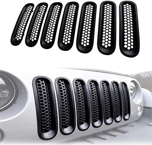Protector de malla de rejilla frontal negro mate para JK Wrangler y Wrangler Unlimited 2007-2015, insertos de parrilla mejorados, 7 piezas