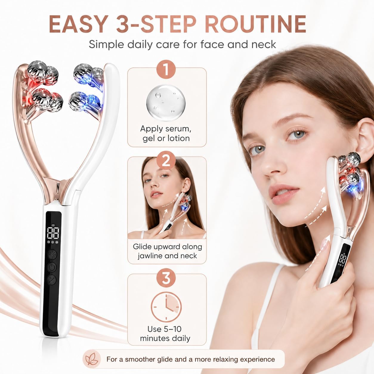 Jaw Massager, 5 in 1 Face Massager Roller for Lymphatic Drainage, Wireless Jawline Tool for Face and Neck, Home & Travel, Red Blue Light, Vibration, Heat, 3 Modes