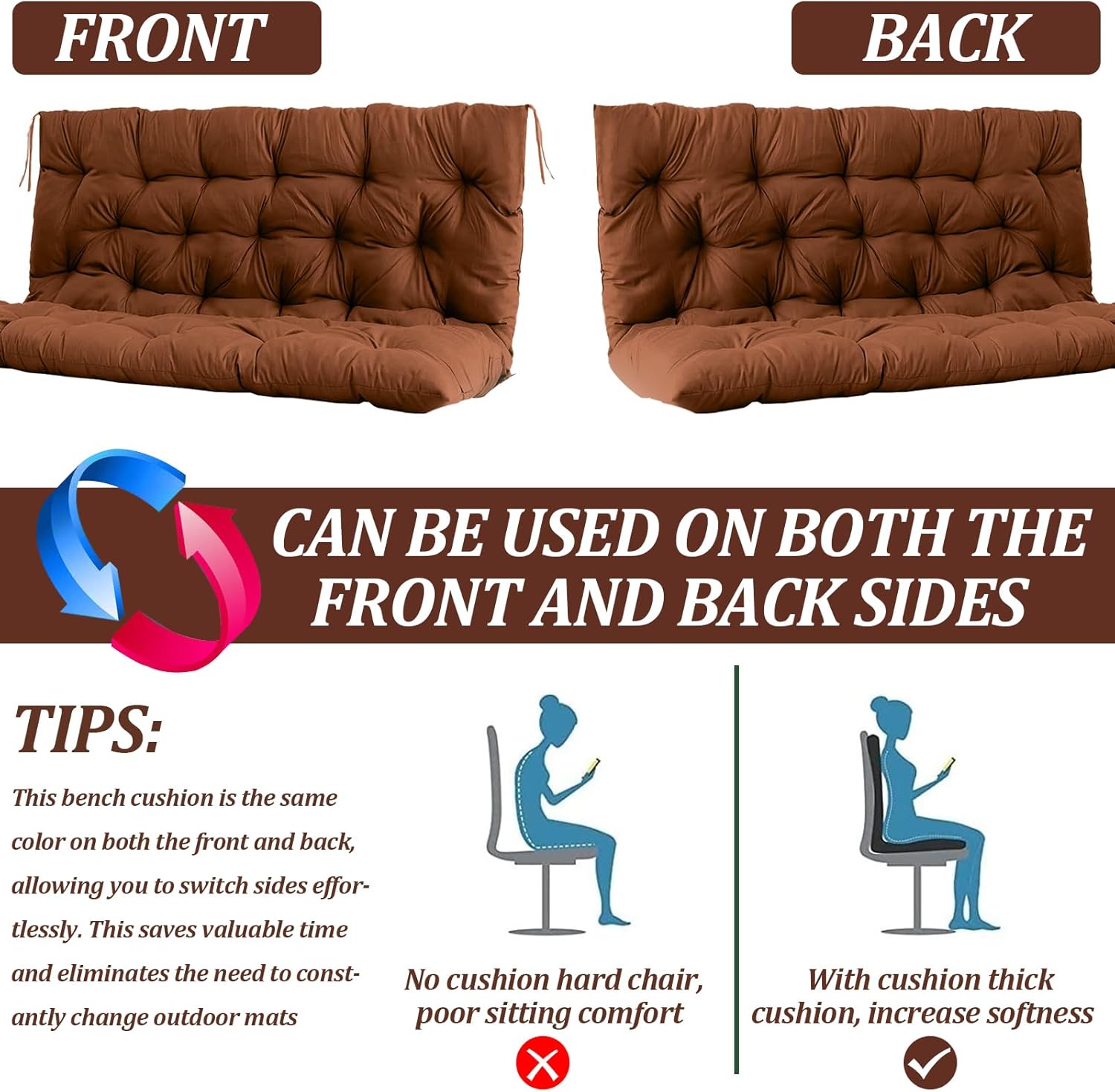Porch Swing Cushion with Backrest, 2-3 Seater Bench Cushions for Outdoor Furniture, Waterproof Swing Cushion Replacement with Ties for Patio, Outdoor, Backyard, Garden (Brown, 40x40in)