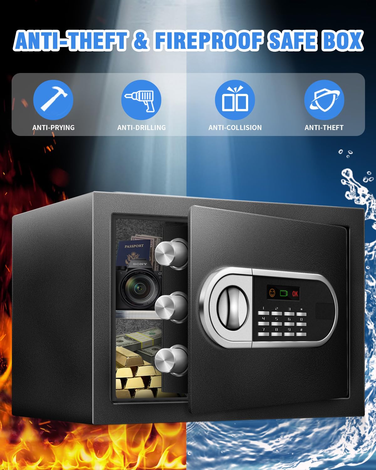 Caja fuerte ignífuga impermeable para el hogar, caja de seguridad digital electrónica de acero, caja de seguridad personal con sensor de luz LED y carga externa tipo C de emergencia para