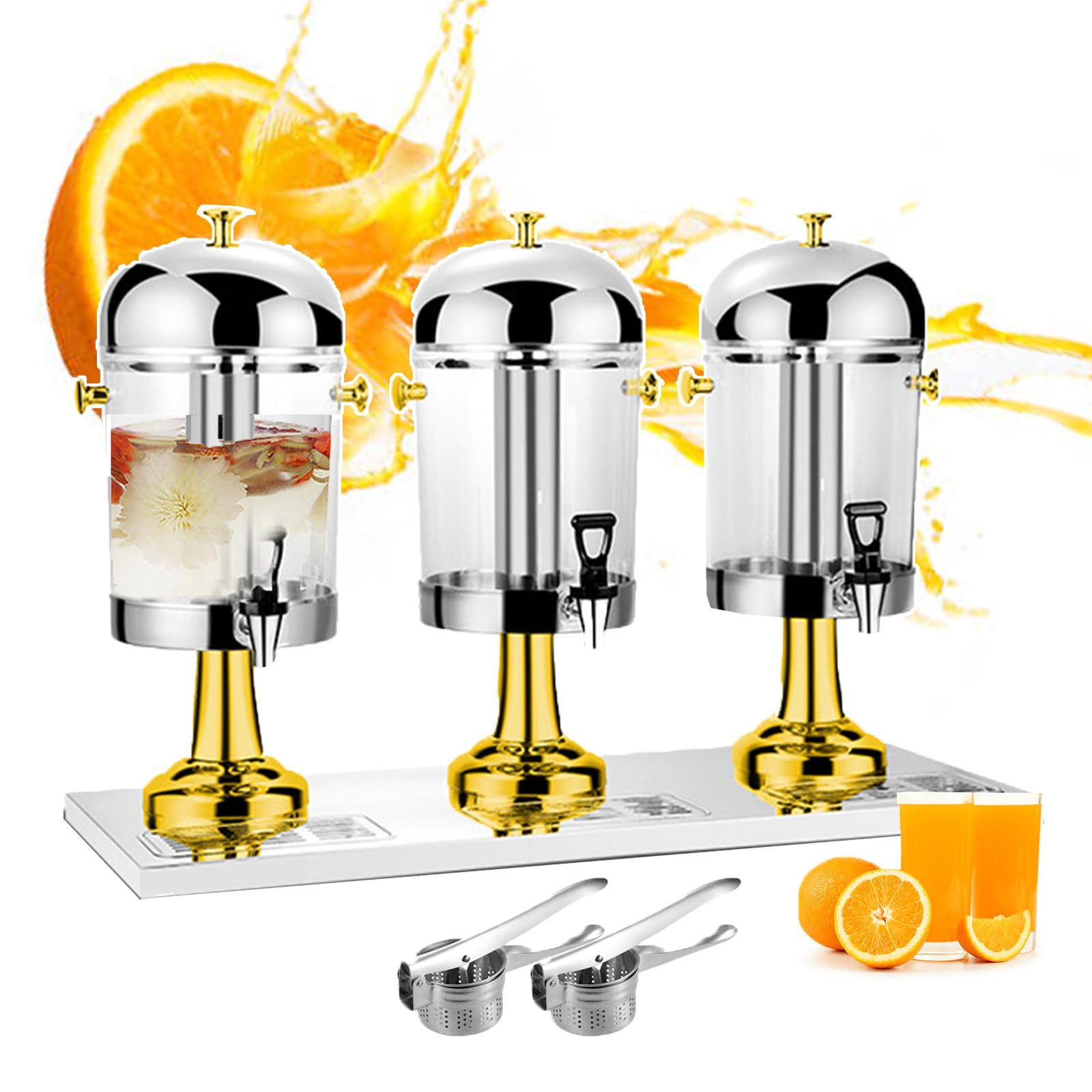 MYUYEE Beverage Juice Dispenser, 24L Commercial Drink Juice Dispenser With Tap, Chillers & Water Fountains, Soy Milk Flower Tea Coffee Dispenser For Warm And Cold Drink - 3 Bucket,Gold (Gold)